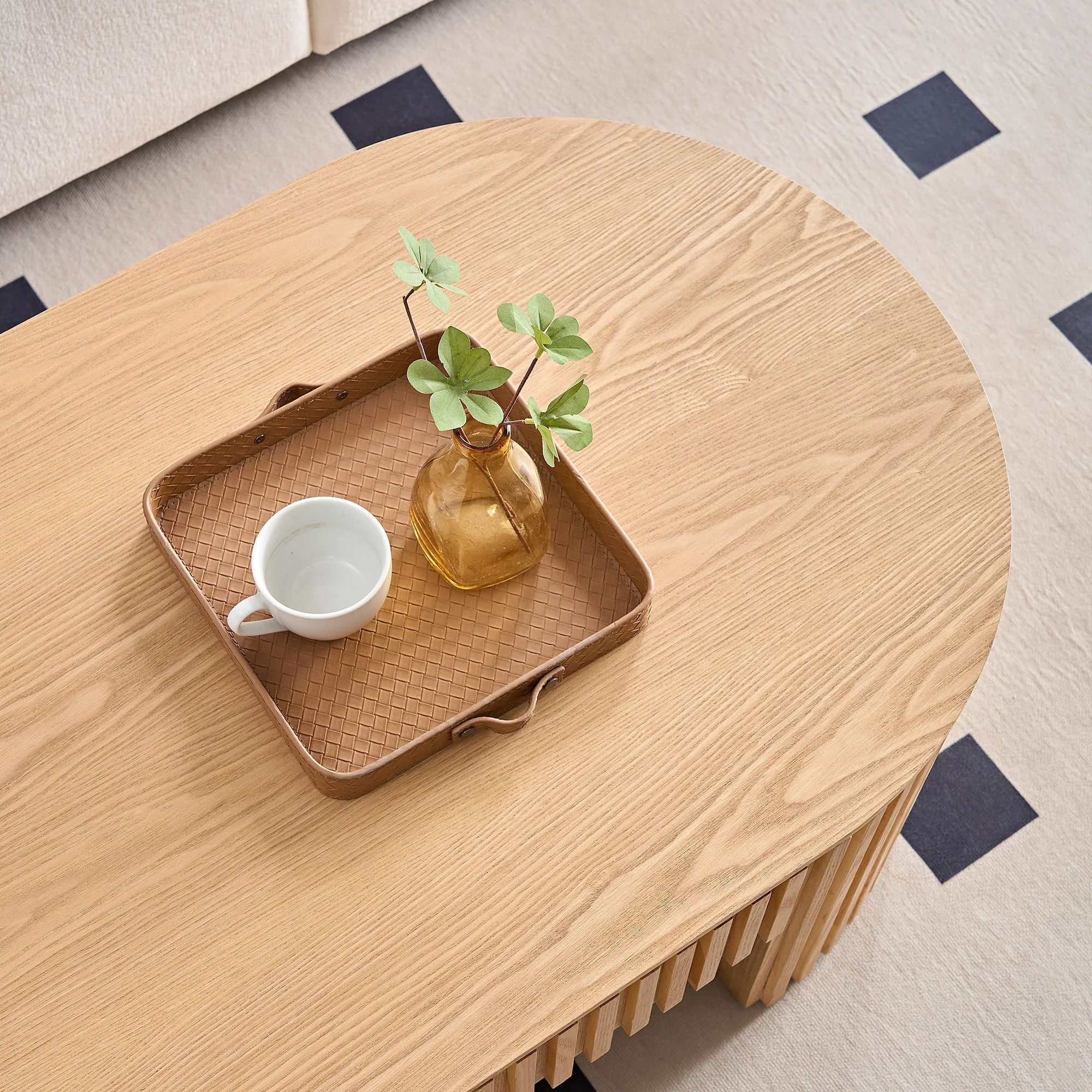 Reeded Oval Wood Coffee Table With Drawer - Image 8