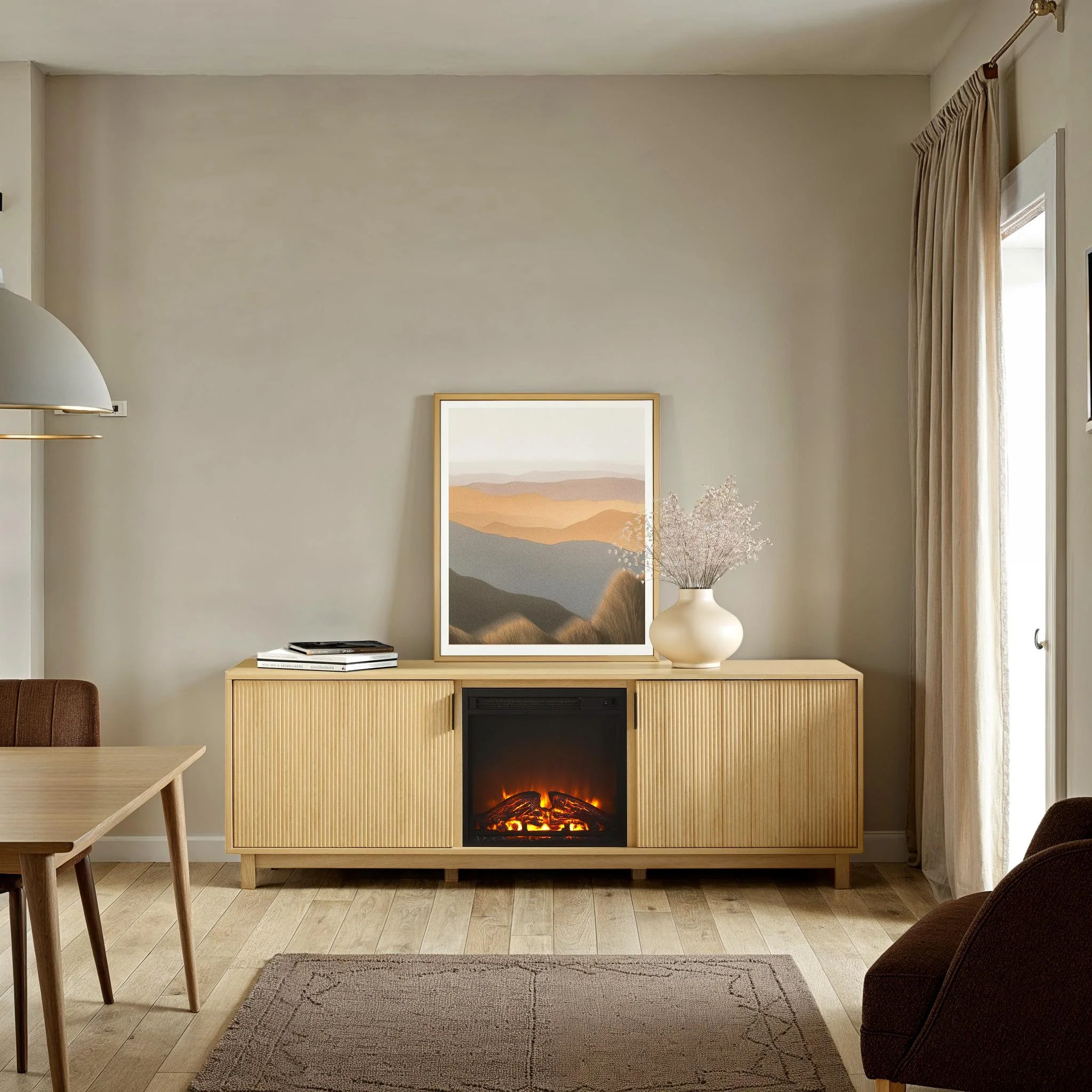 Reema Scandinavian 70" Modern Reeded TV Stand with Freestanding Electric Fireplace - Image 8