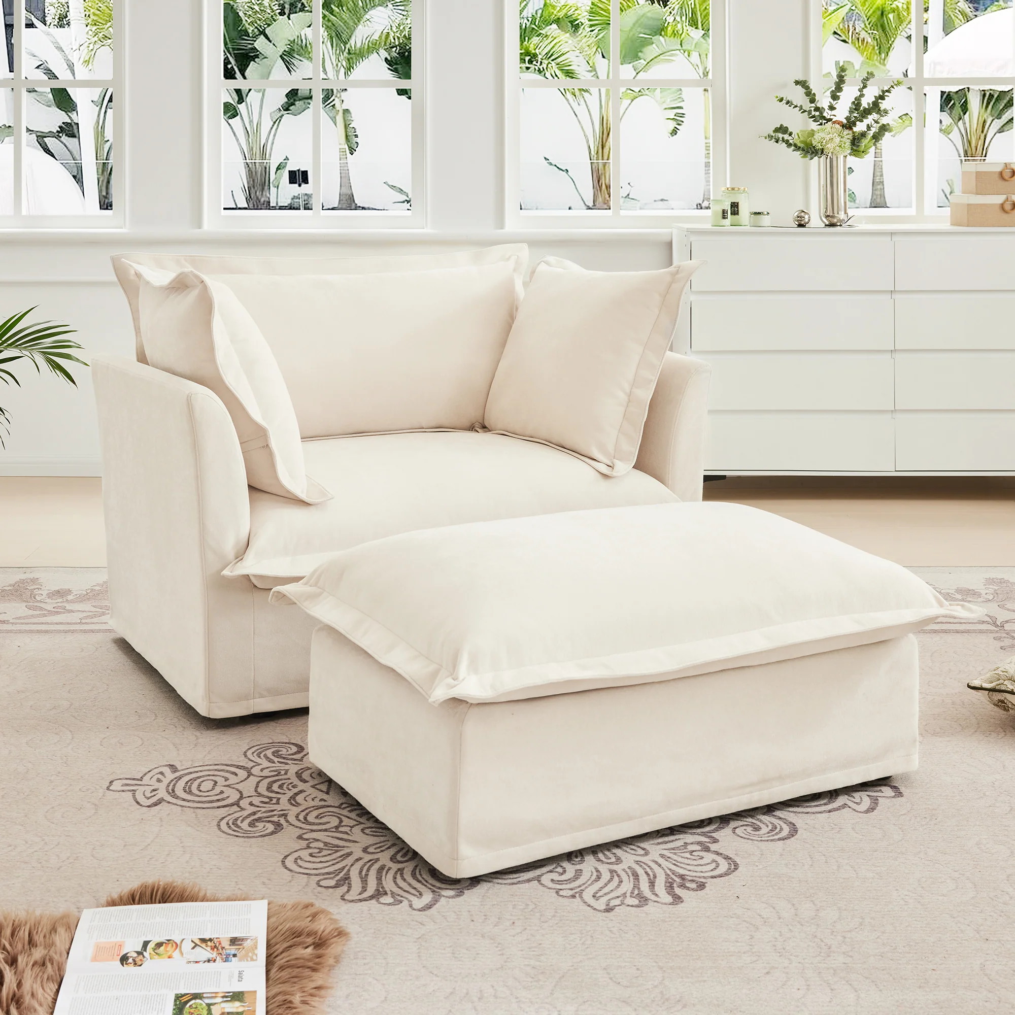 Walker Edison | Removable Slipcovered Accent Chair with Ottoman - Image 3