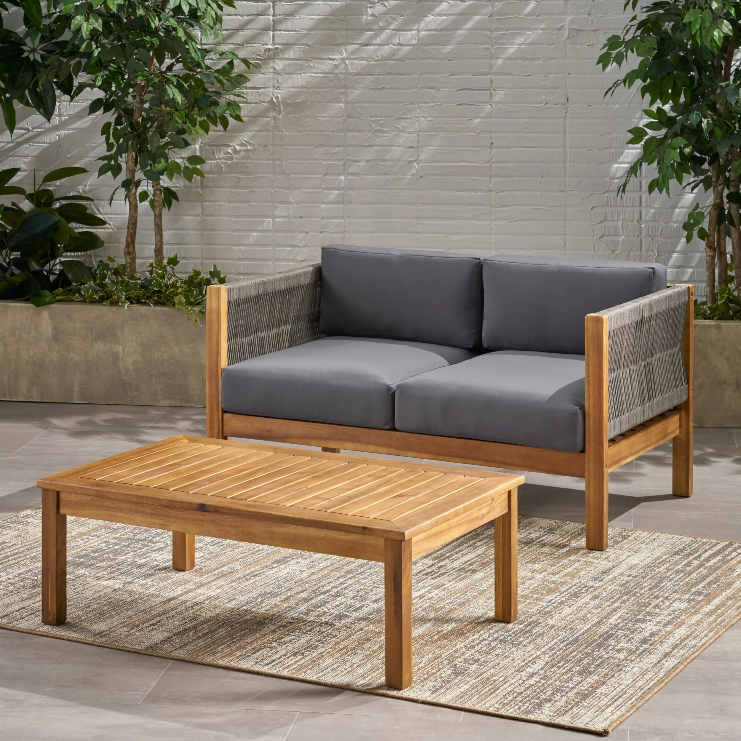 Walker Edison | Rope Design Outdoor Teak Loveseat Set - Image 2
