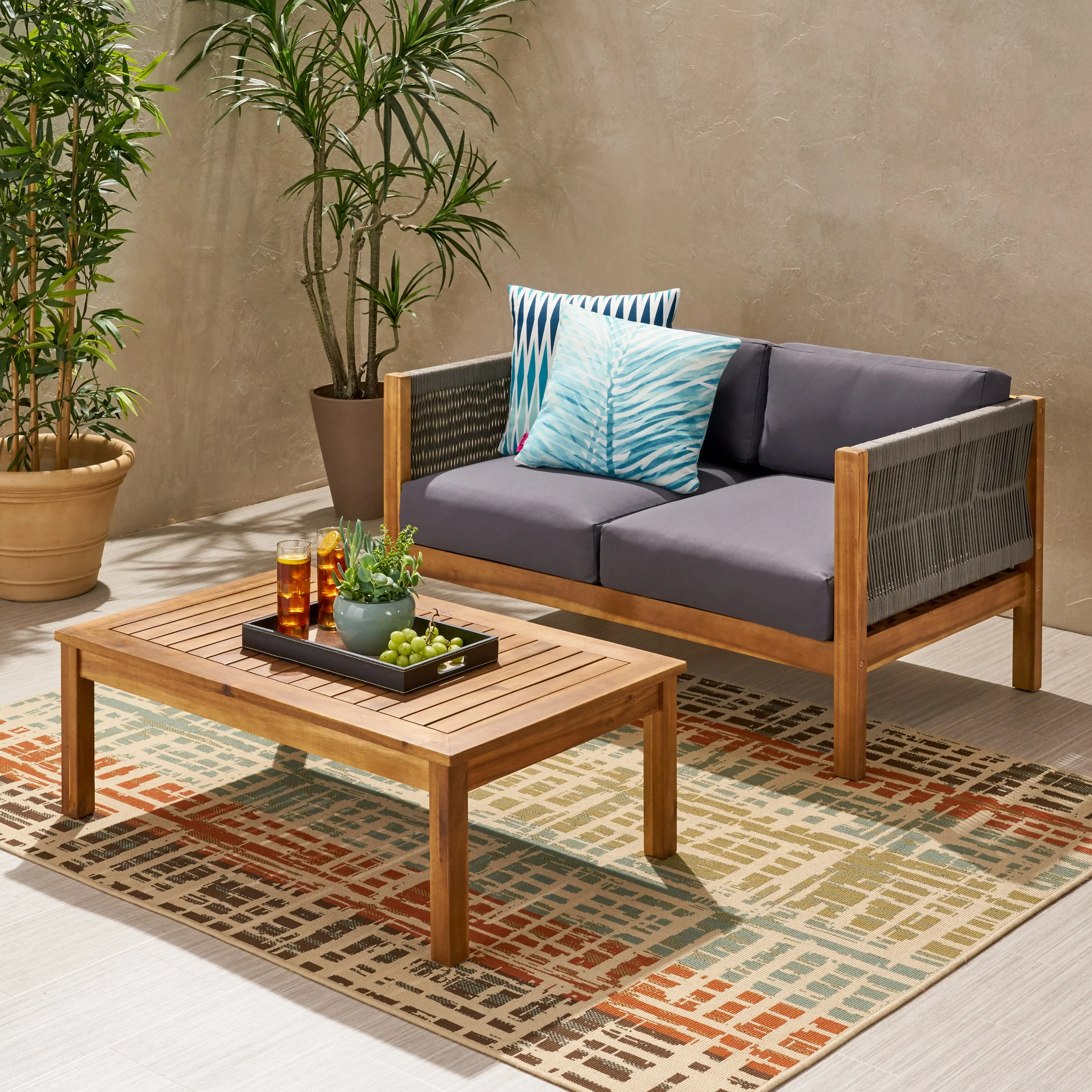 Walker Edison | Rope Design Outdoor Teak Loveseat Set - Image 4