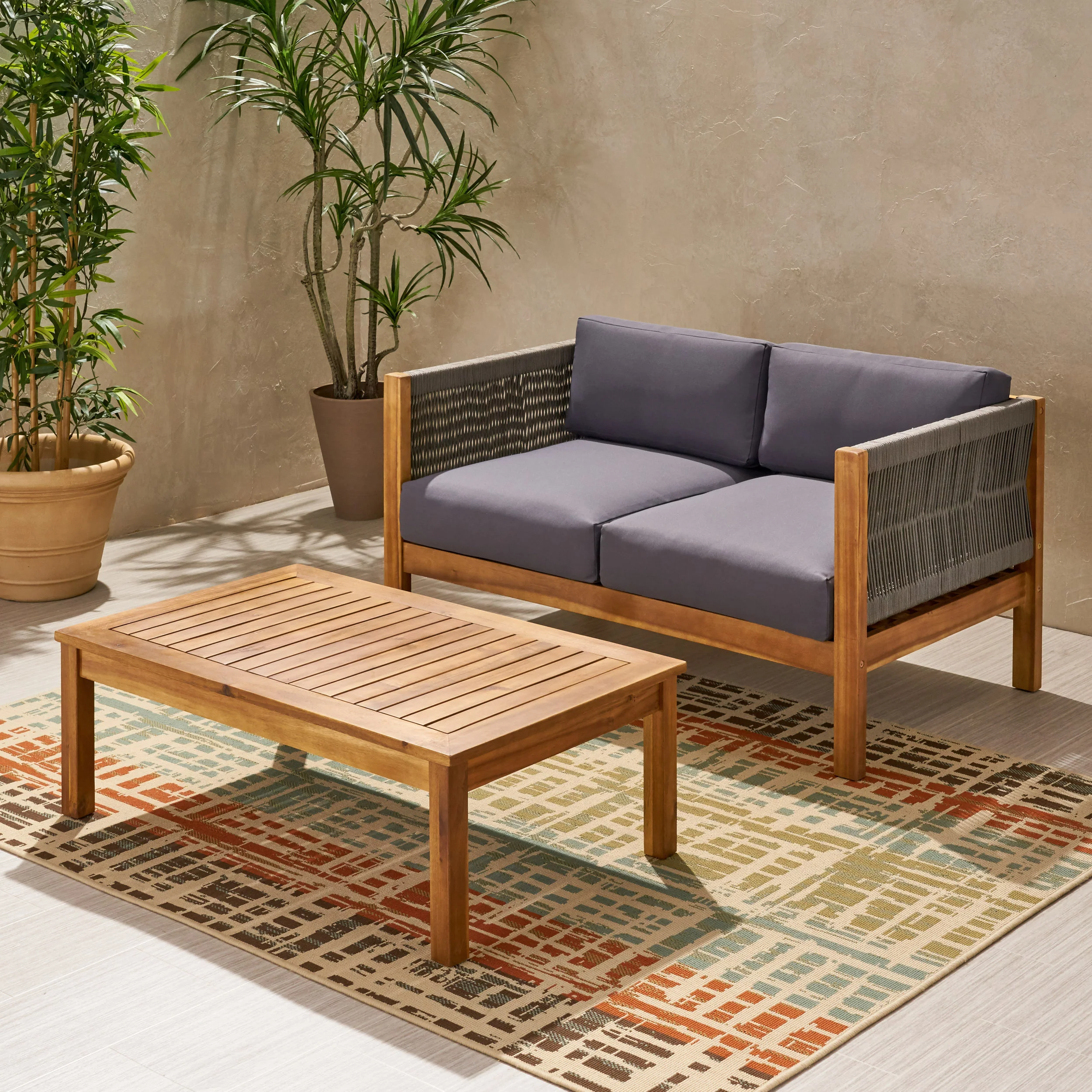 Walker Edison | Rope Design Outdoor Teak Loveseat Set - Image 5