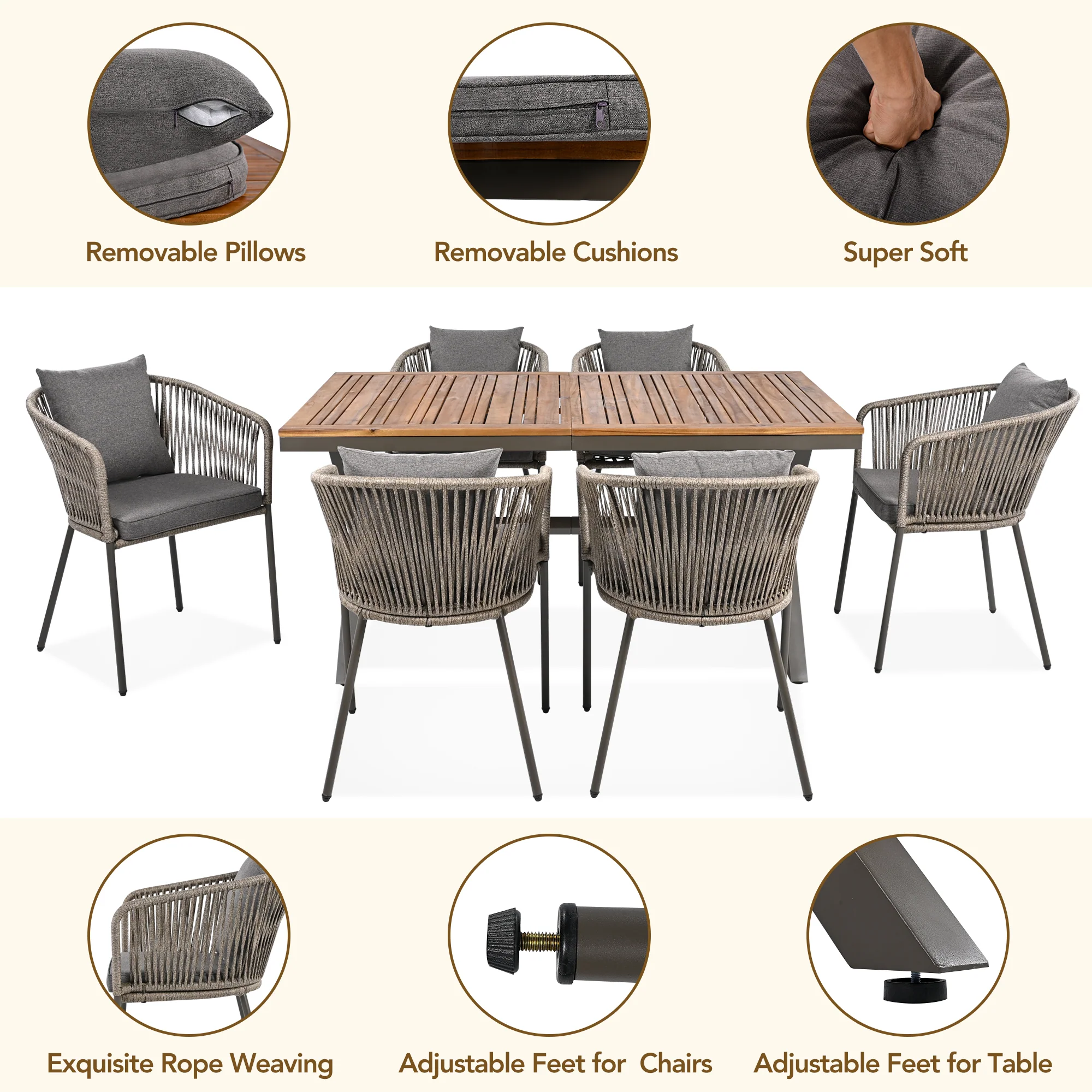 Grey Rope Modern Design 7 Piece Patio Dining Set - Image 7