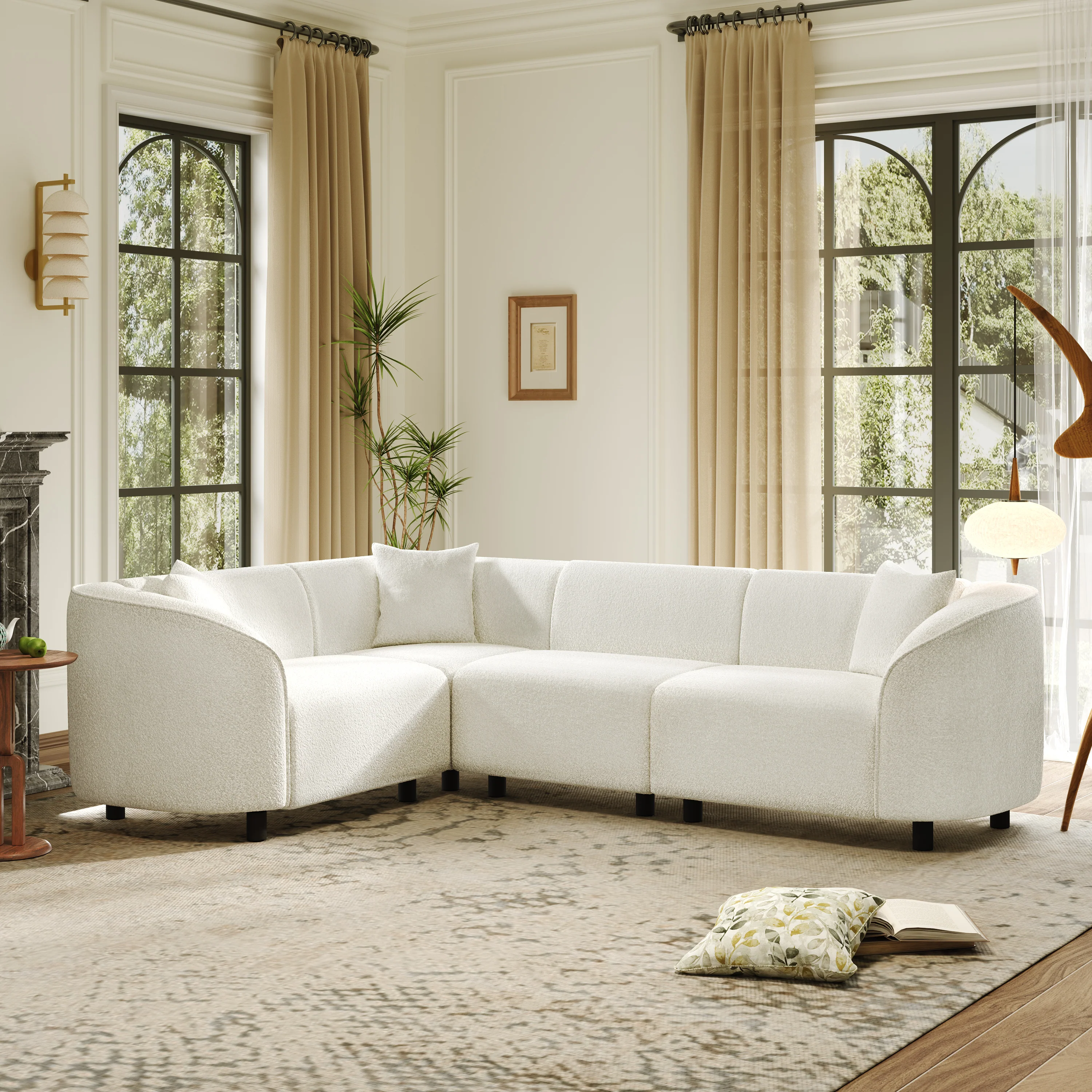 Sculptural Curved Contemporary Bouclé L-Shaped Sectional Sofa