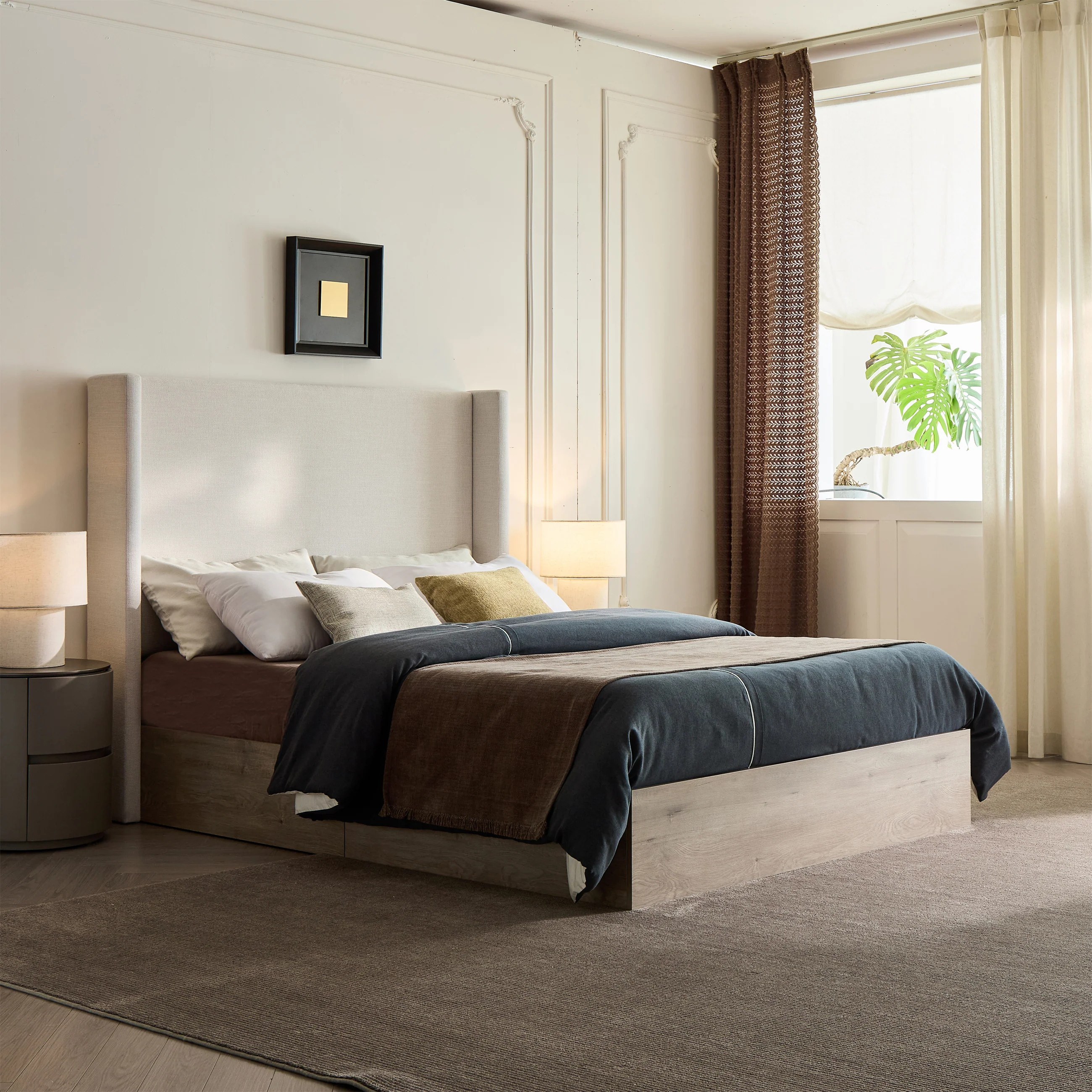 Walker Edison | Shelton 54' Queen Upholstered Wingback Bed and Wood Base - Image 2
