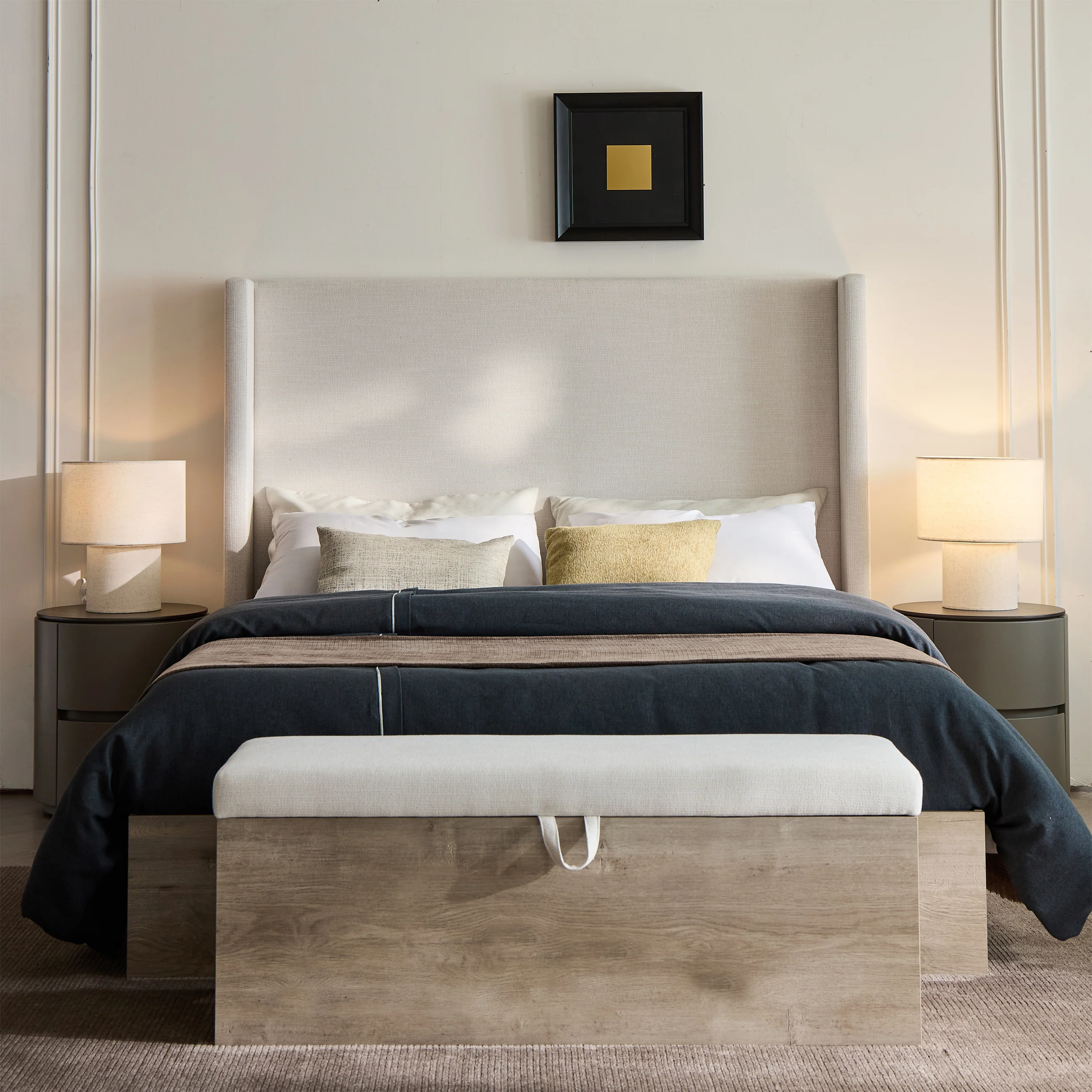 Walker Edison | Shelton 54' Queen Upholstered Wingback Bed and Wood Base - Image 3
