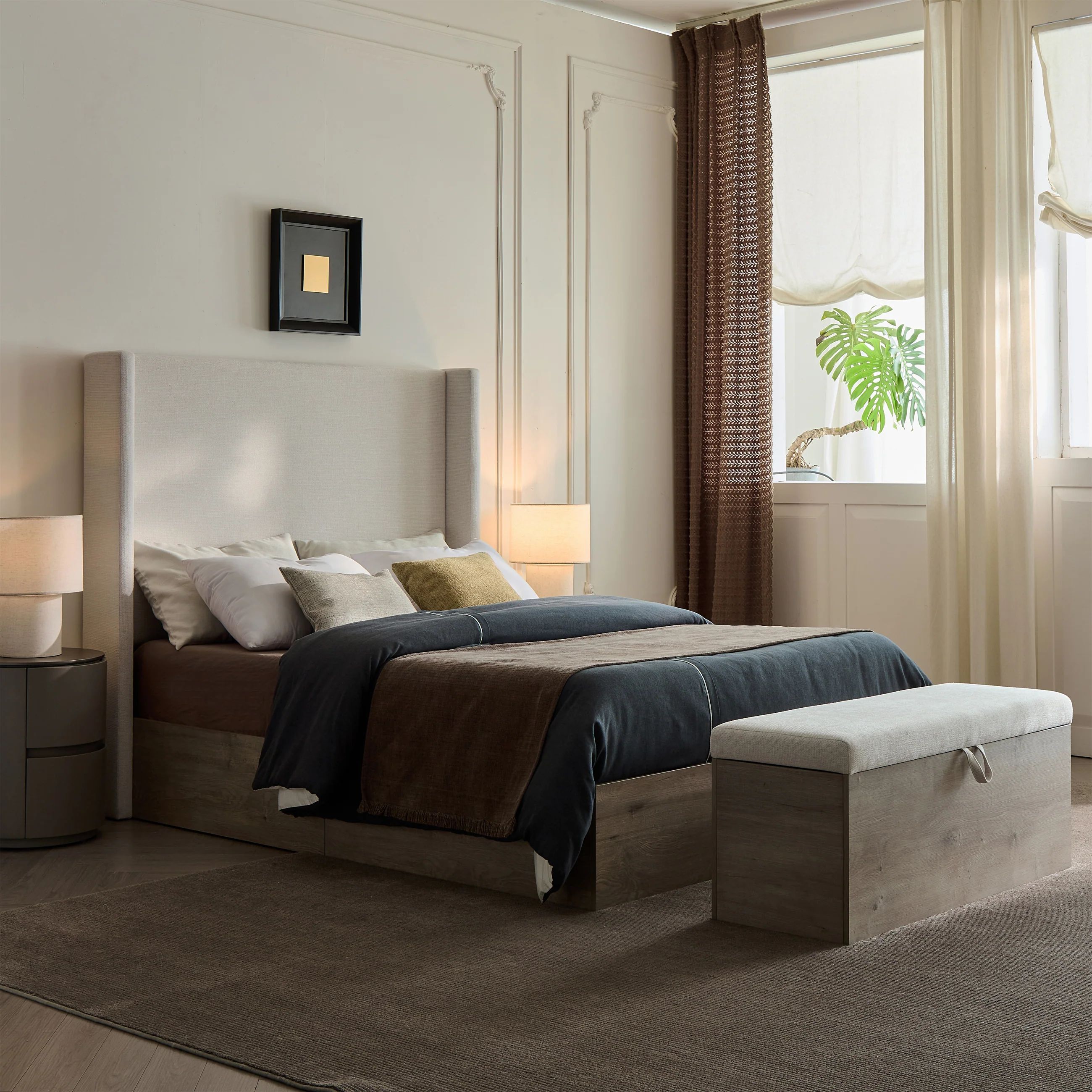Walker Edison | Shelton 54' Queen Upholstered Wingback Bed and Wood Base - Image 4