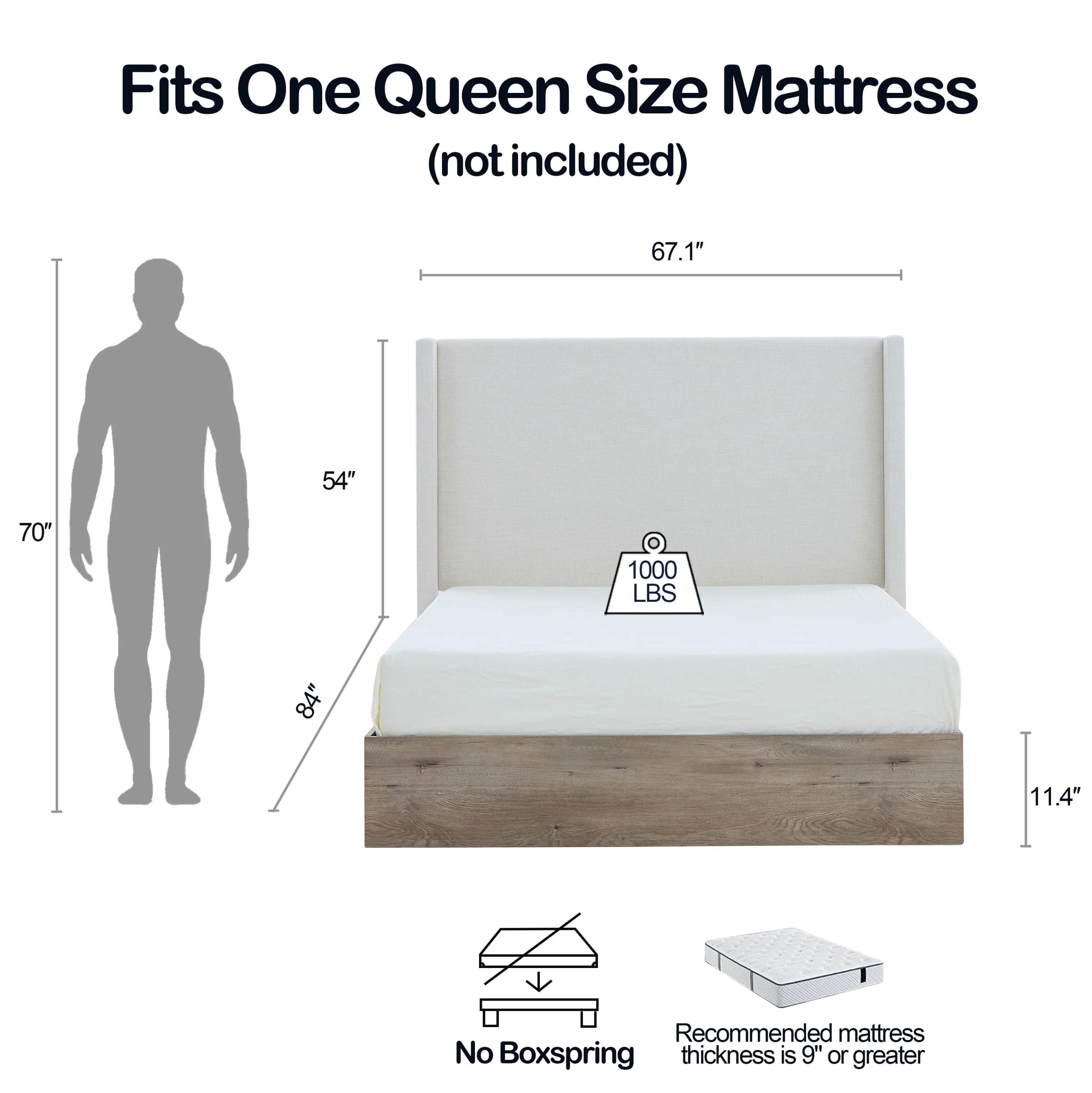 Walker Edison | Shelton 54' Queen Upholstered Wingback Bed and Wood Base - Image 6