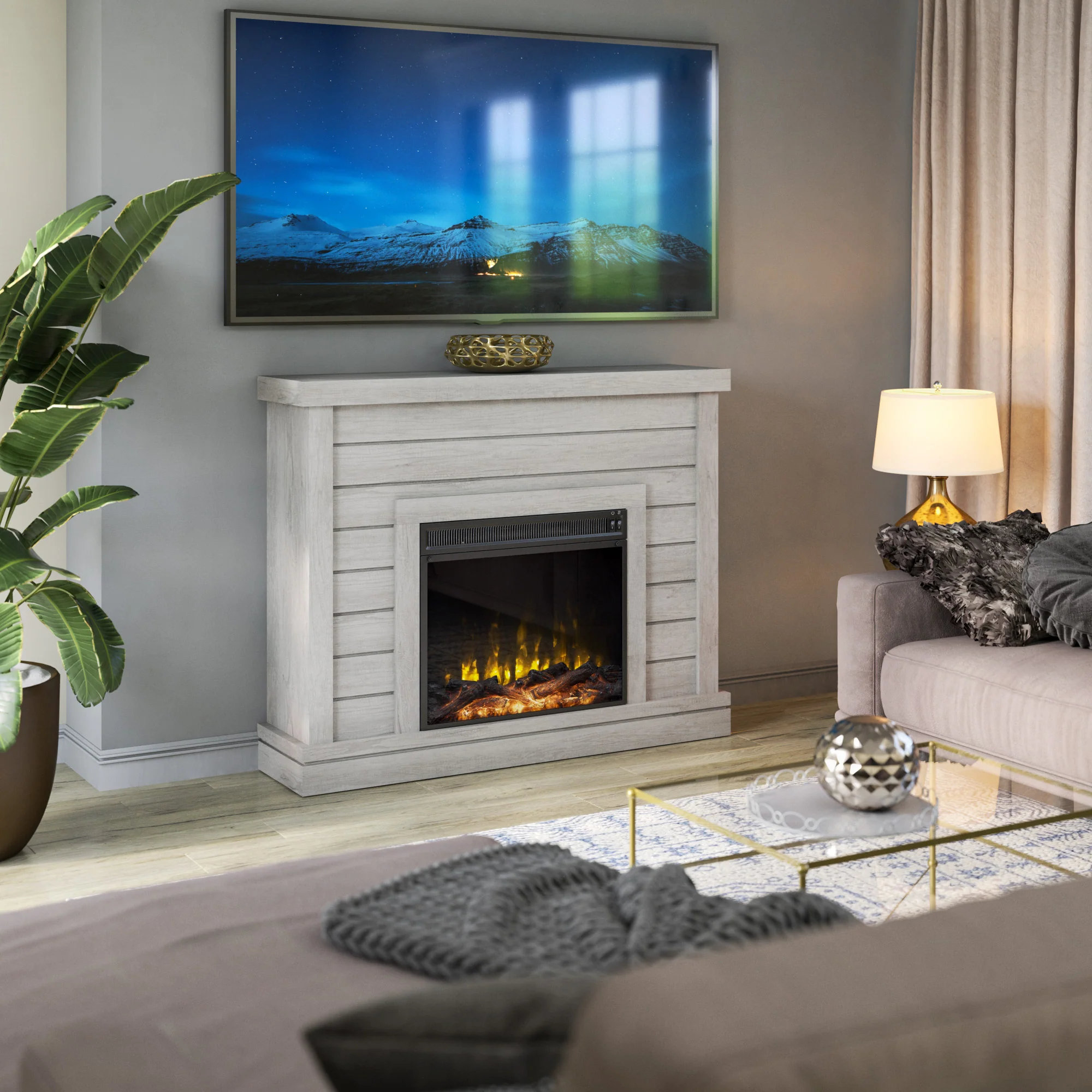 Farmhouse Shiplap Wall Mantel with Electric Fireplace - Image 2