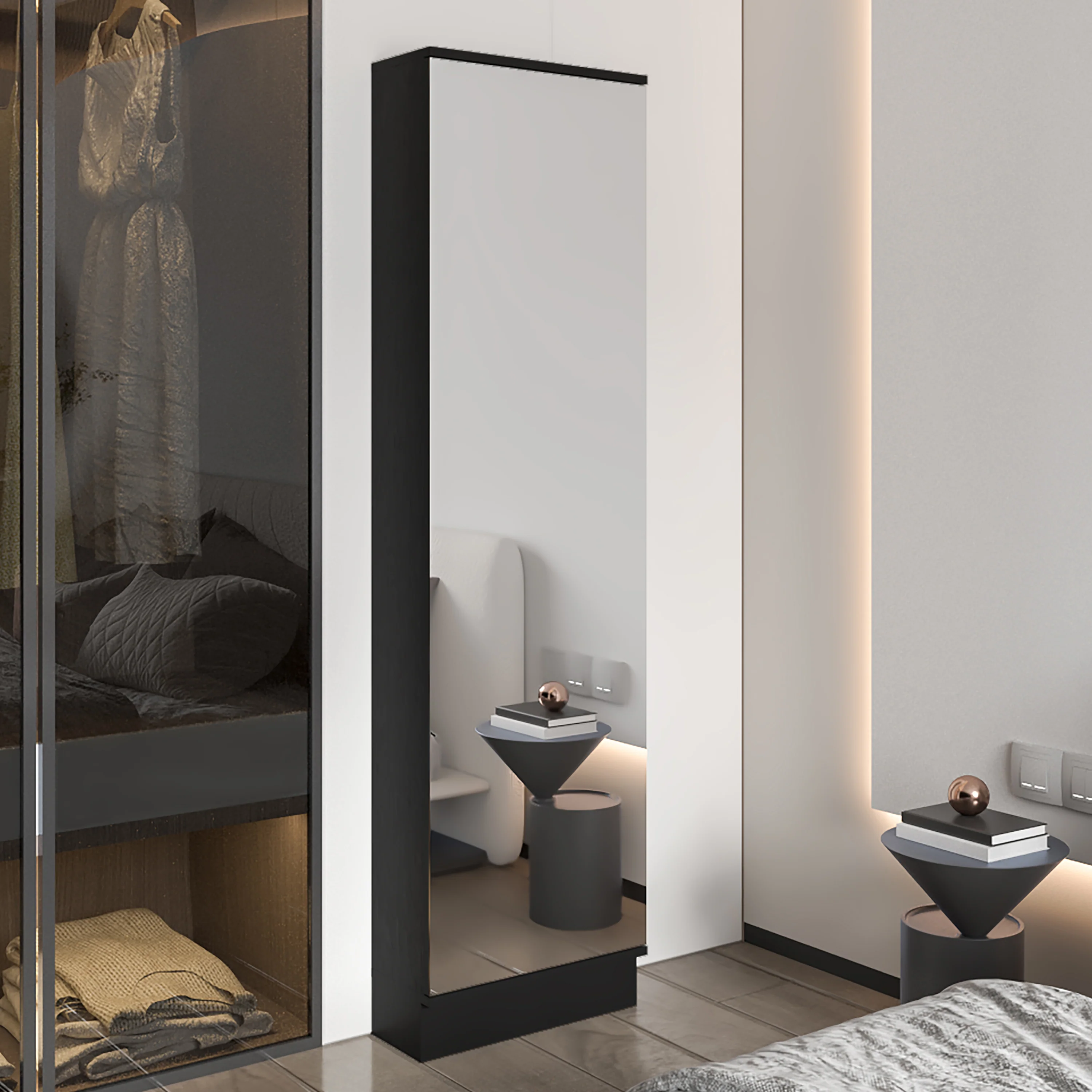 Single Door Mirror Shoe Rack Cabinet
