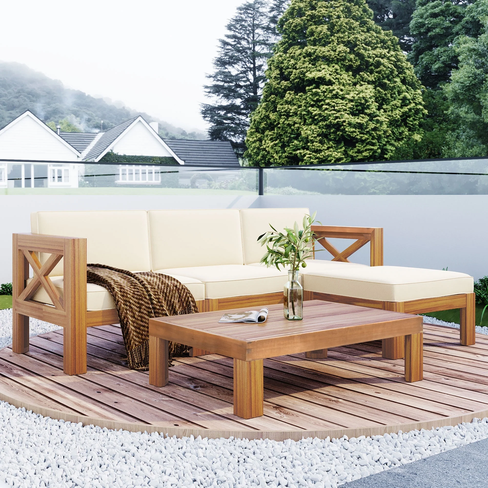 Walker Edison | Sleek Modular Wood Outdoor Patio 5-Piece Sectional Sofa Set