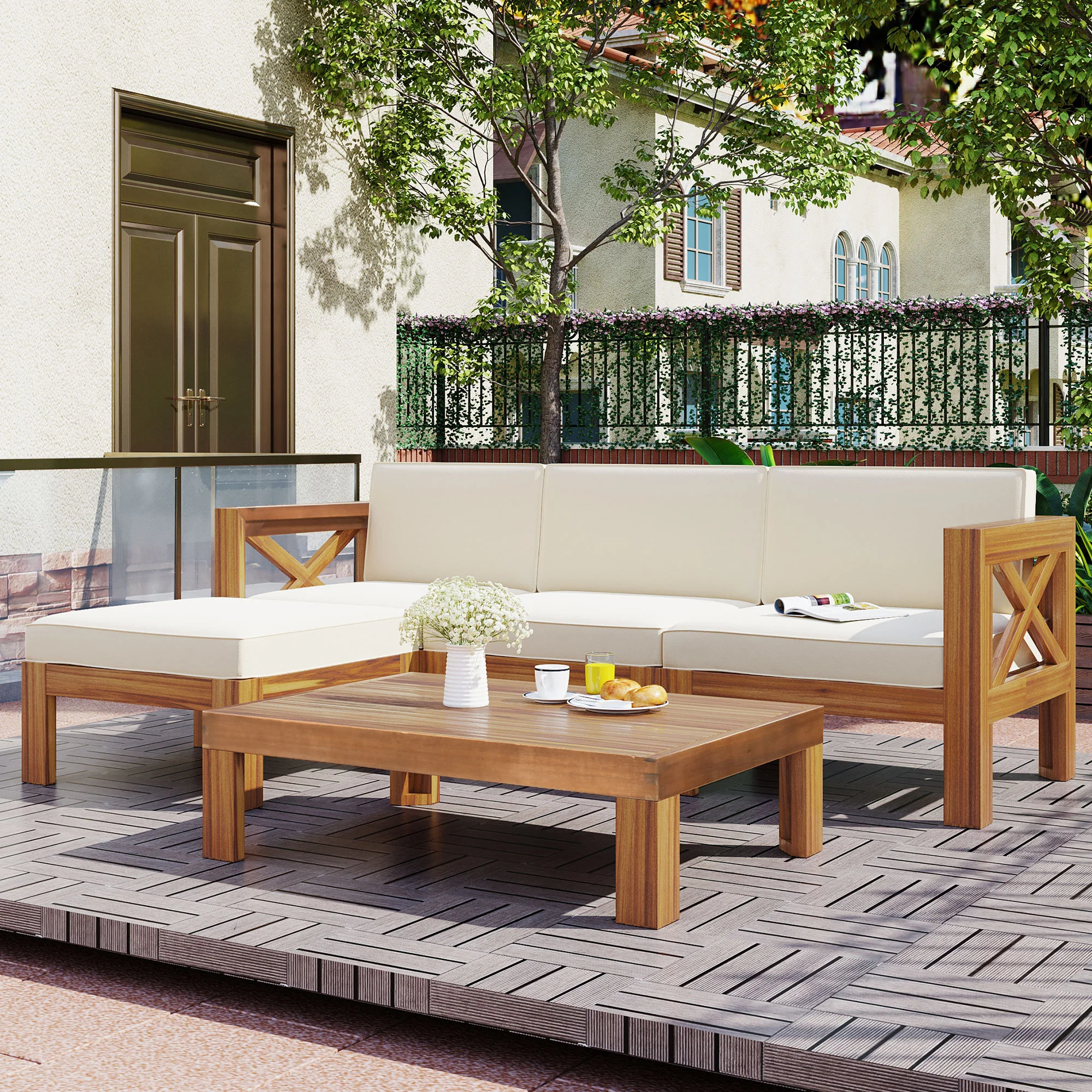 Walker Edison | Sleek Modular Wood Outdoor Patio 5-Piece Sectional Sofa Set - Image 2