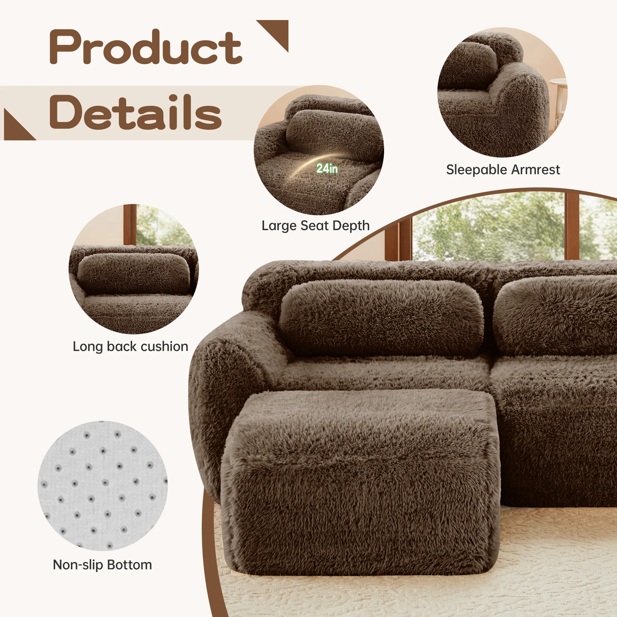 Soft And Fluffy Plush Boneless Modular Sofa with Ottoman - Image 11
