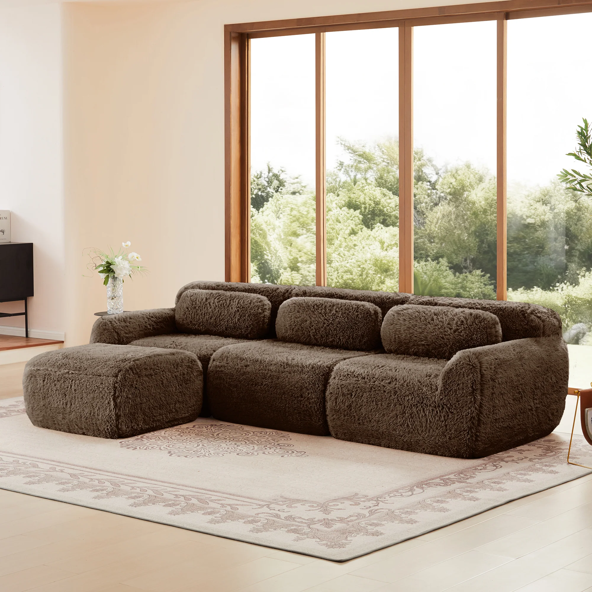 Soft And Fluffy Plush Boneless Modular Sofa with Ottoman - Image 4