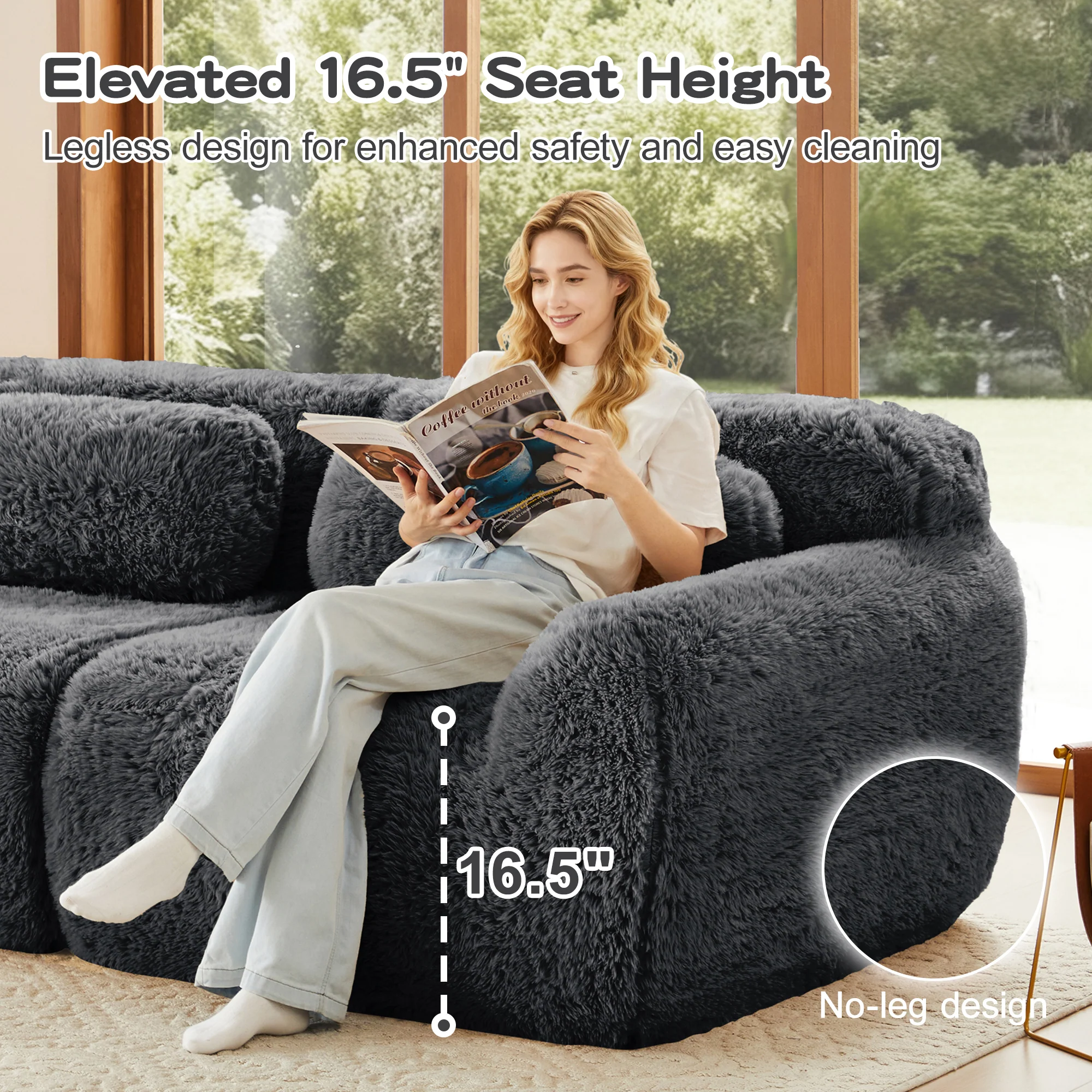 Soft Teddy Plush Ergonomic Design L-shaped Loveseat Sofa with Ottoman - Image 10