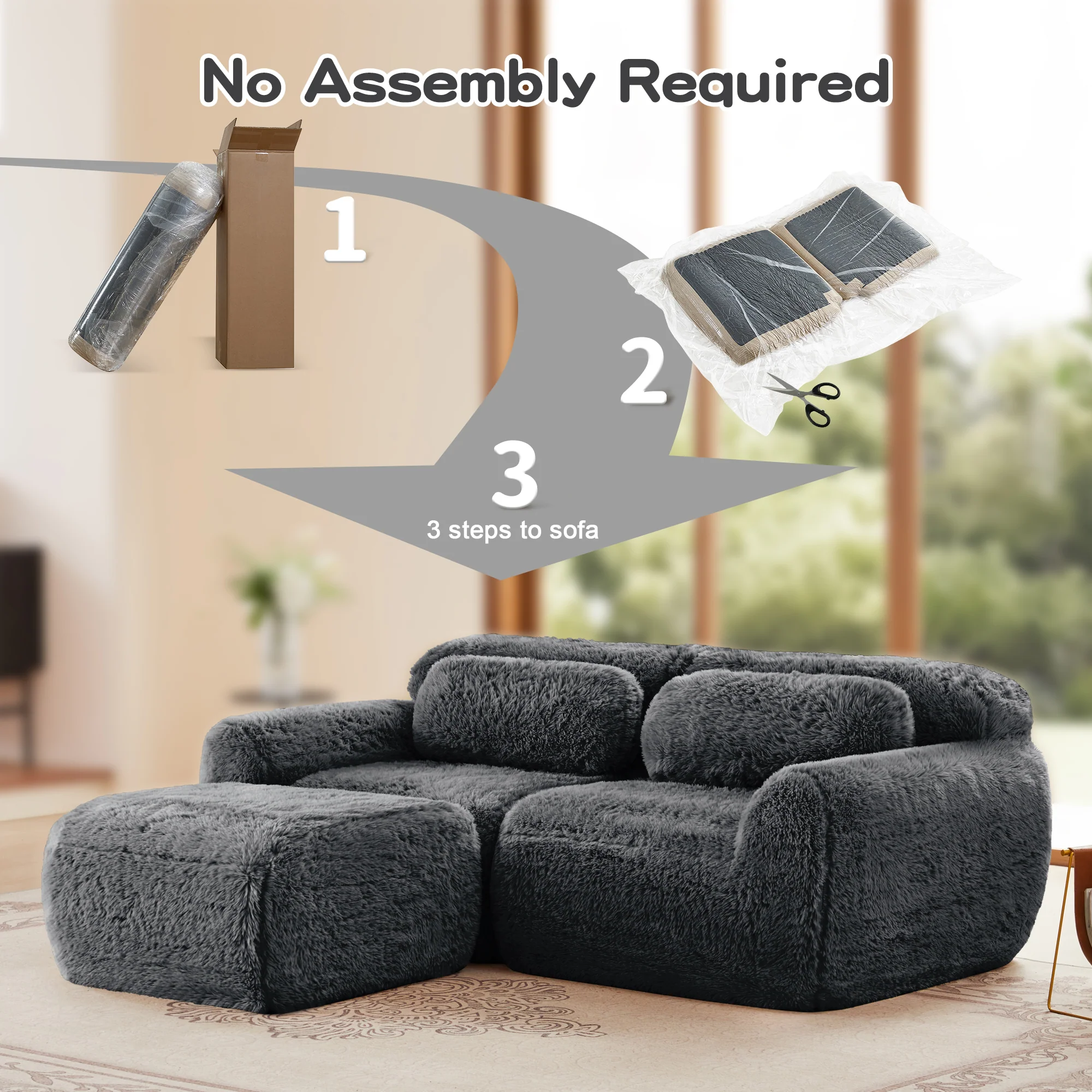 Soft Teddy Plush Ergonomic Design L-shaped Loveseat Sofa with Ottoman - Image 11