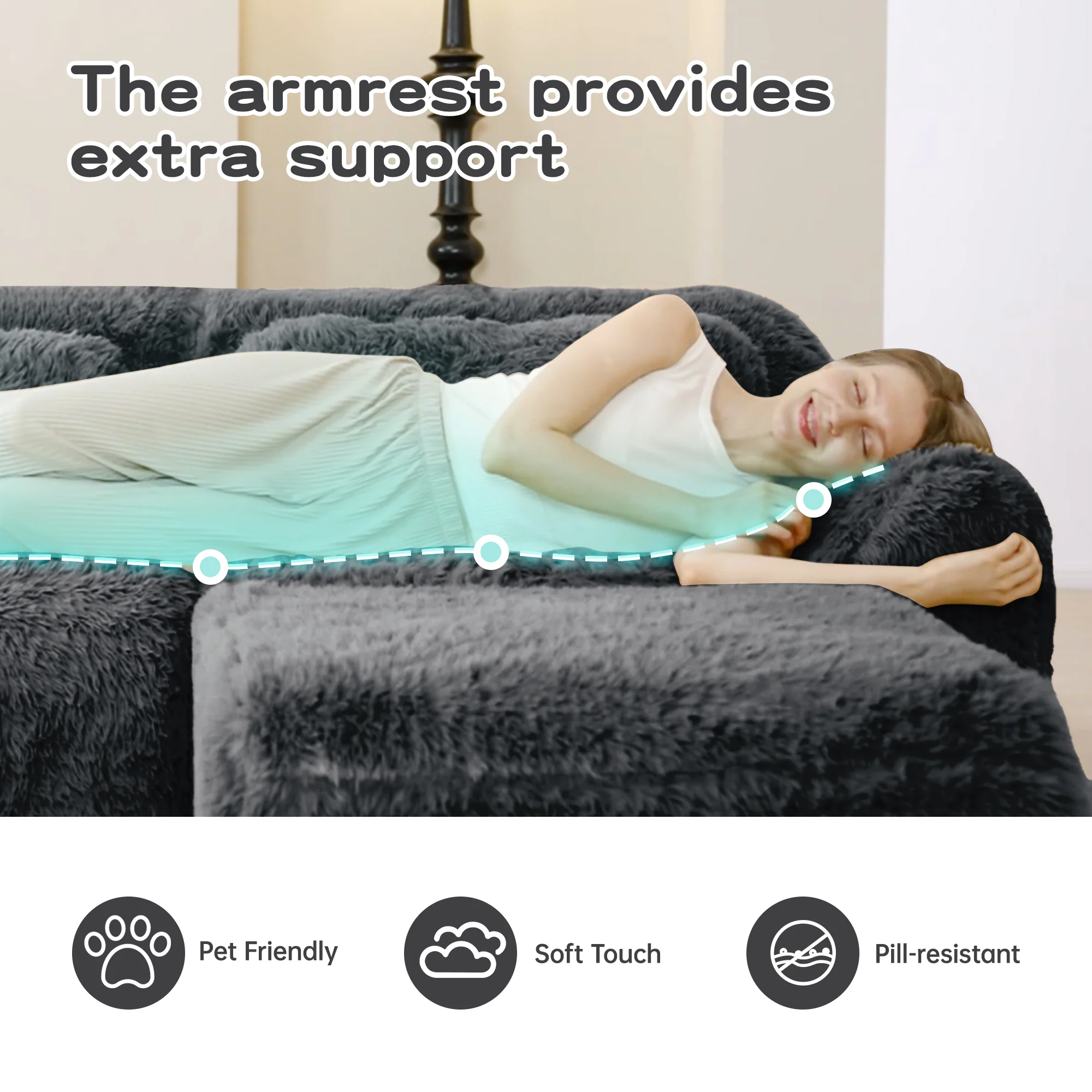 Soft Teddy Plush Ergonomic Design L-shaped Loveseat Sofa with Ottoman - Image 12
