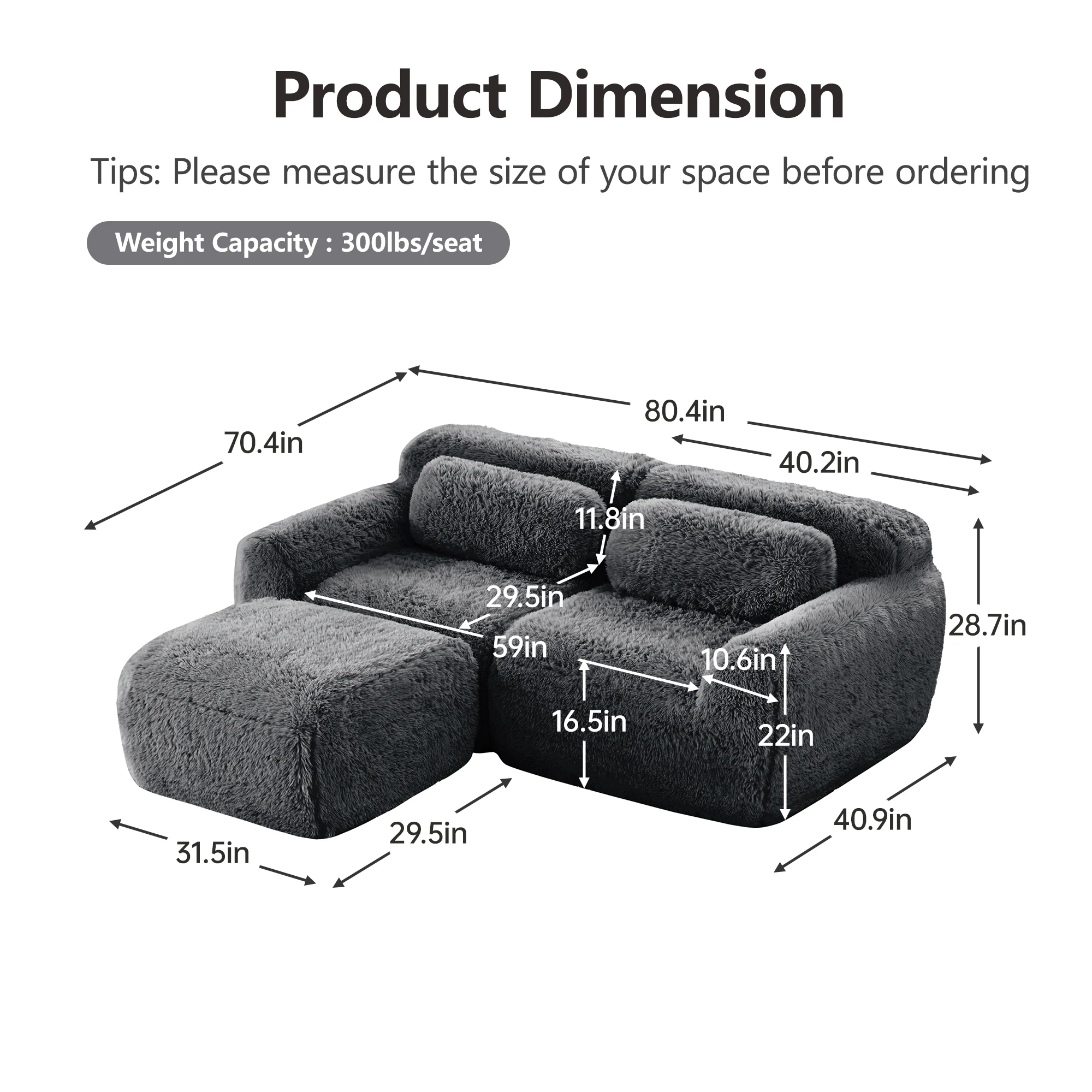 Soft Teddy Plush Ergonomic Design L-shaped Loveseat Sofa with Ottoman - Image 17