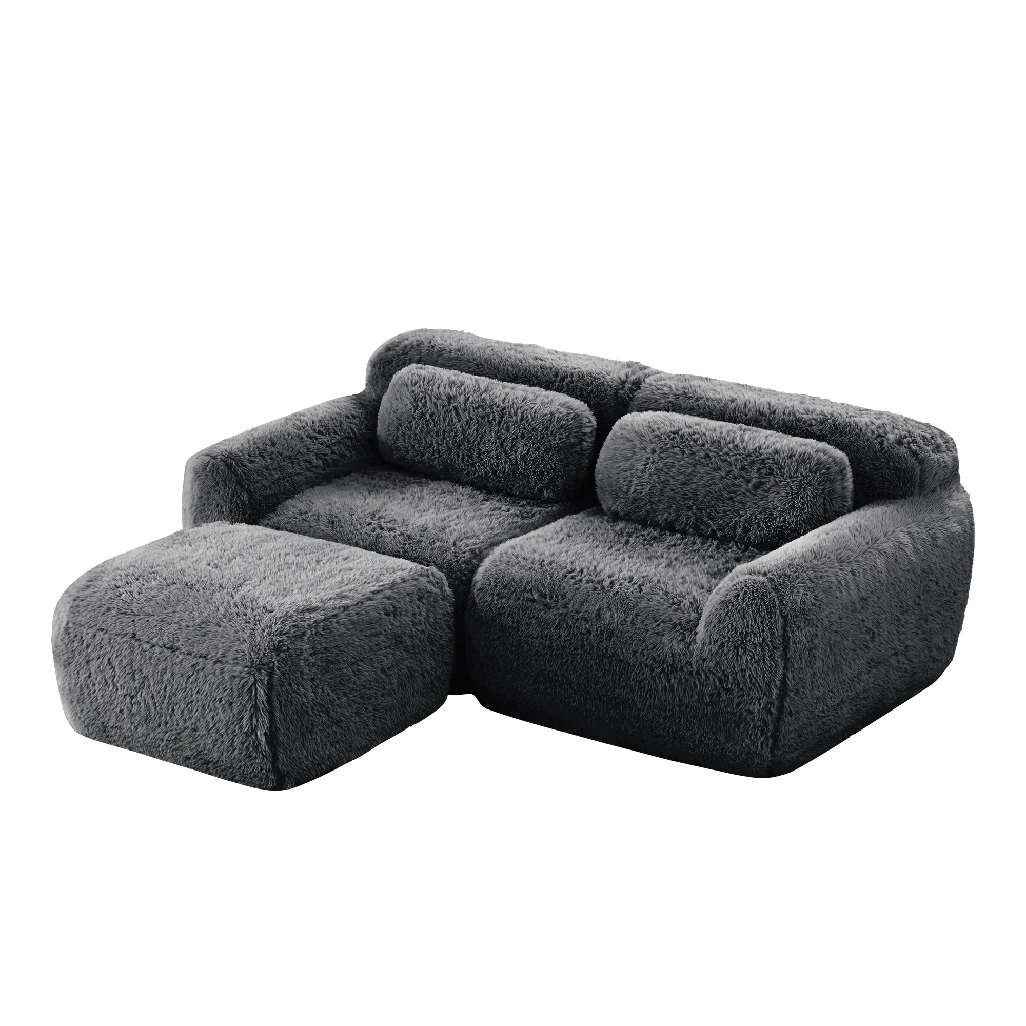 Soft Teddy Plush Ergonomic Design L-shaped Loveseat Sofa with Ottoman - Image 18