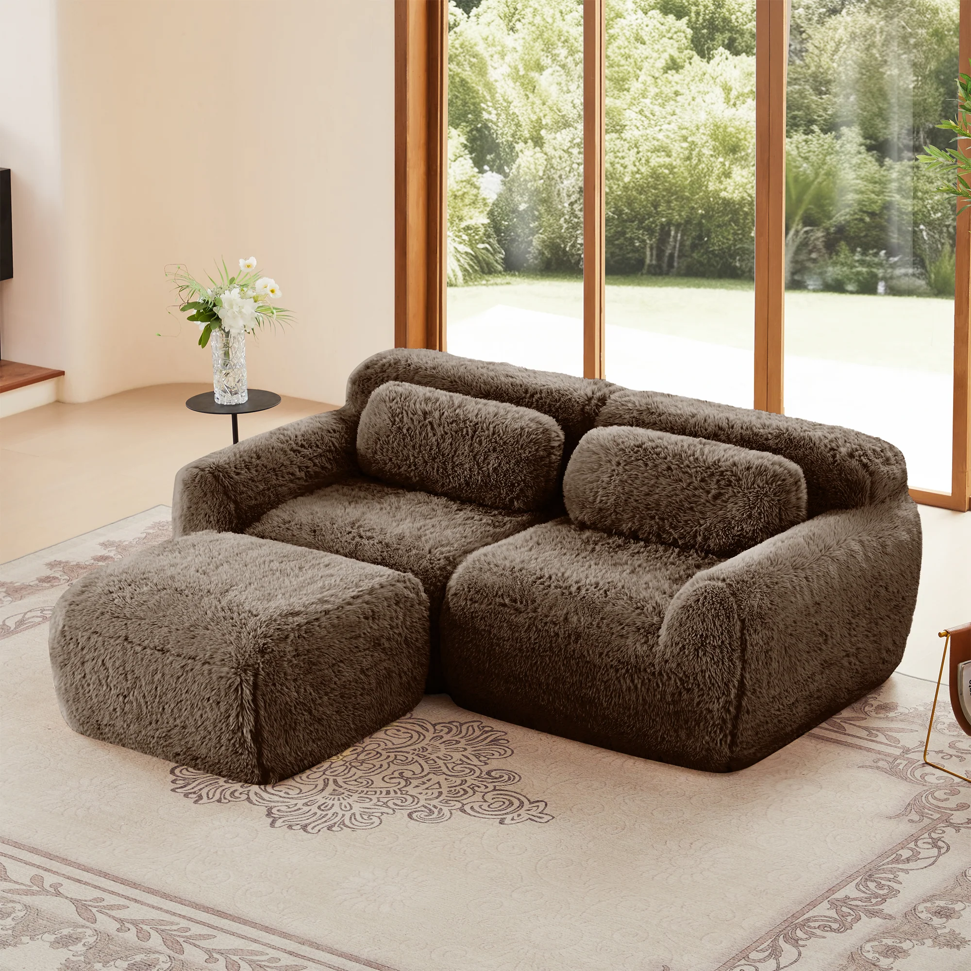 Soft Teddy Plush Ergonomic Design L-shaped Loveseat Sofa with Ottoman - Image 2