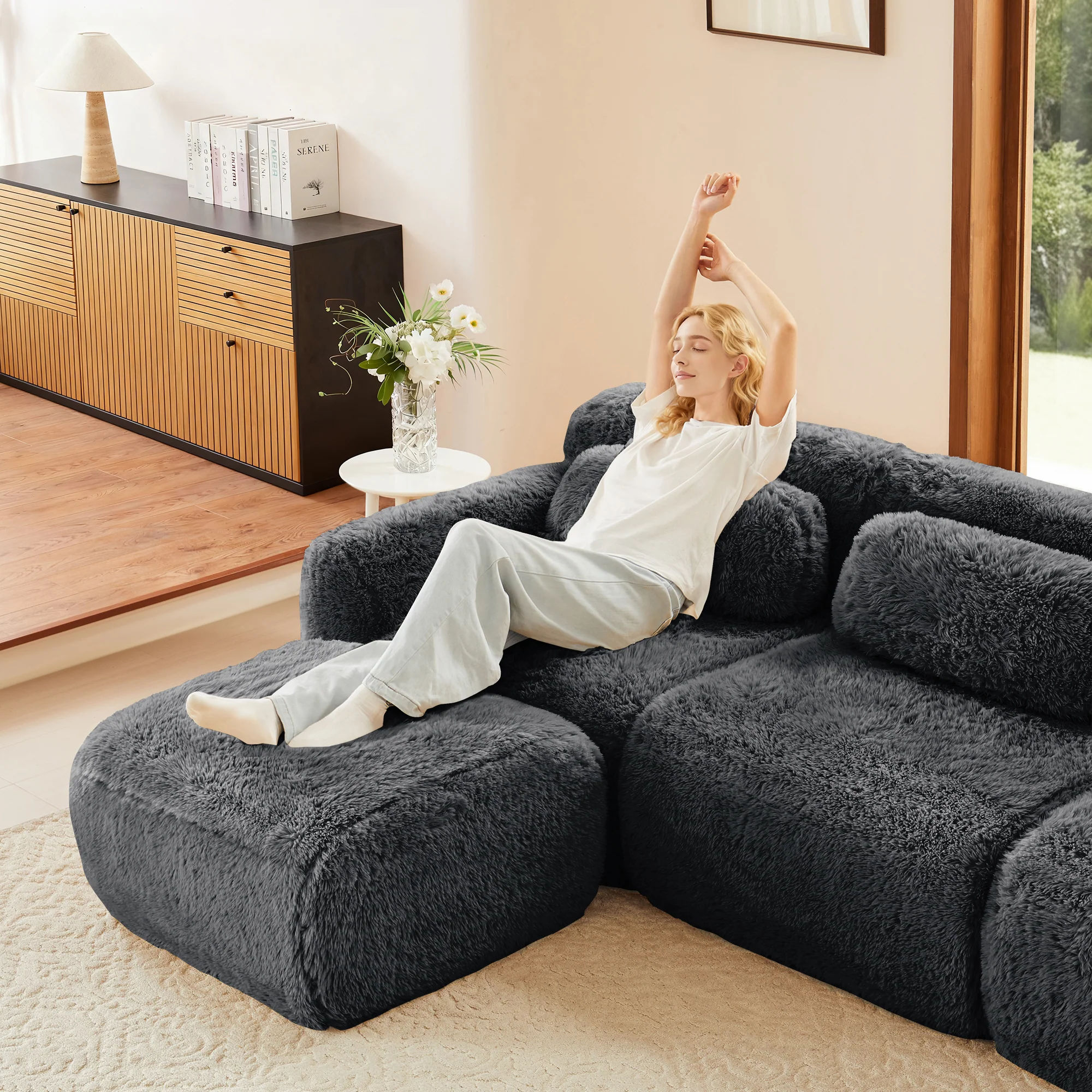 Soft Teddy Plush Ergonomic Design L-shaped Loveseat Sofa with Ottoman - Image 22