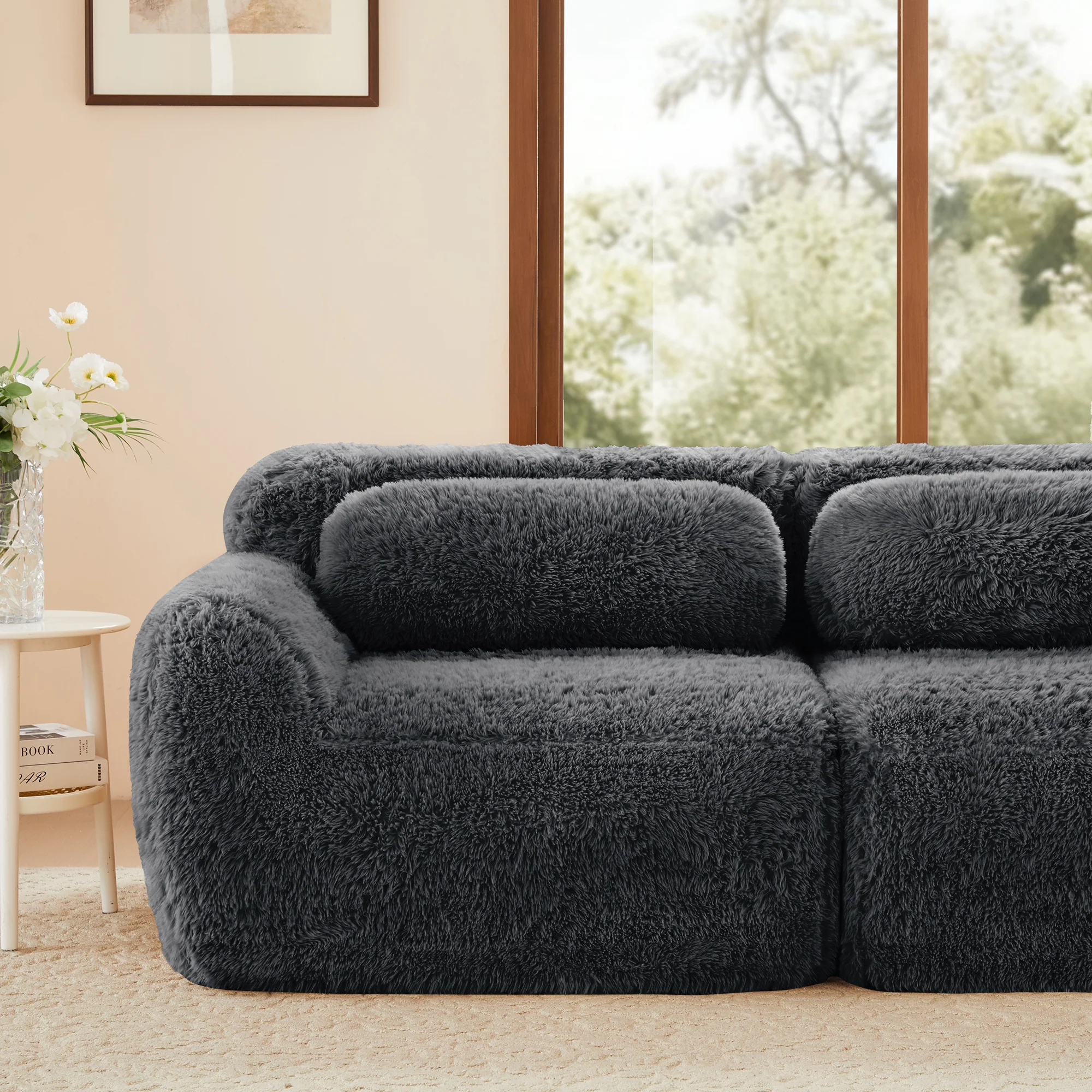 Soft Teddy Plush Ergonomic Design L-shaped Loveseat Sofa with Ottoman - Image 24