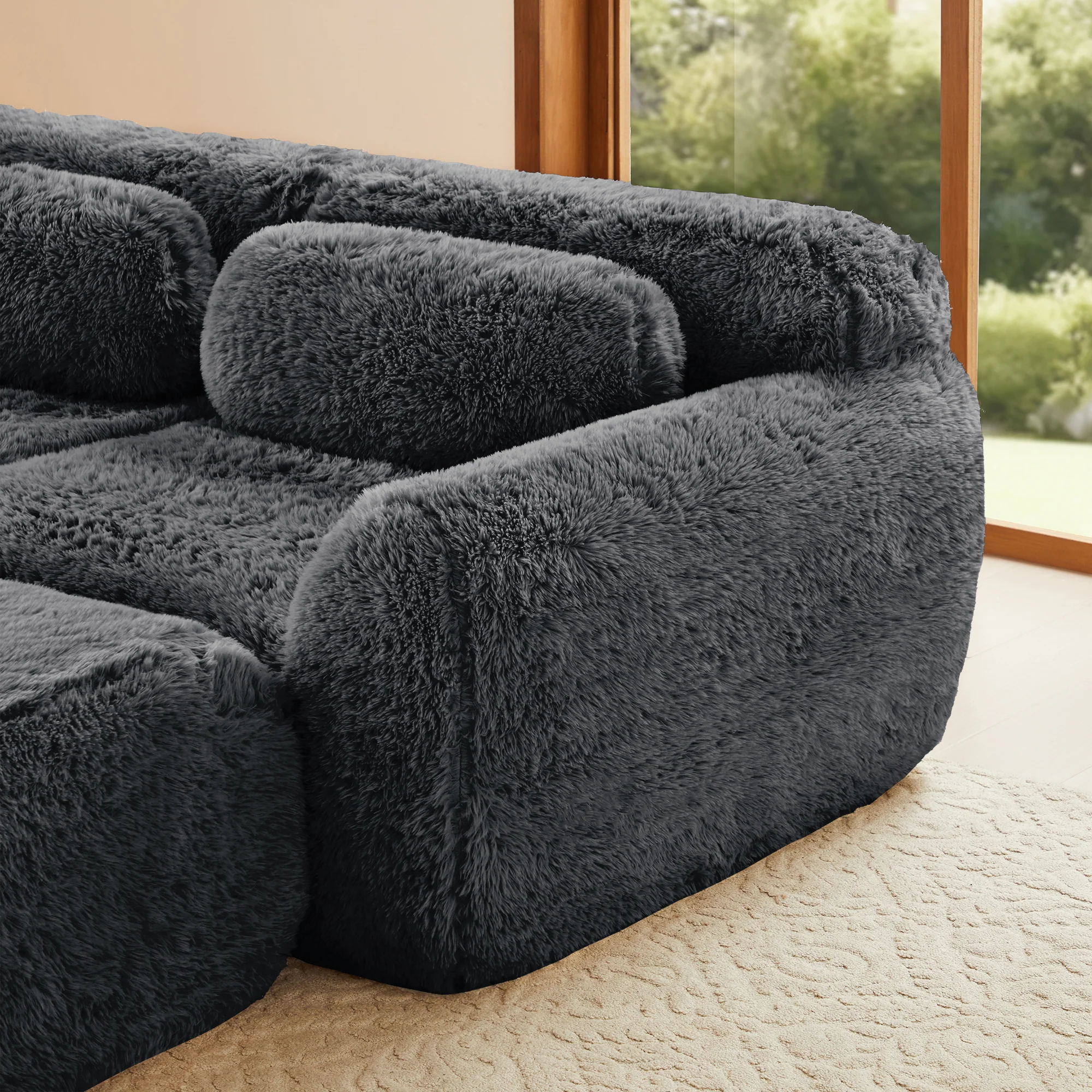 Soft Teddy Plush Ergonomic Design L-shaped Loveseat Sofa with Ottoman - Image 25