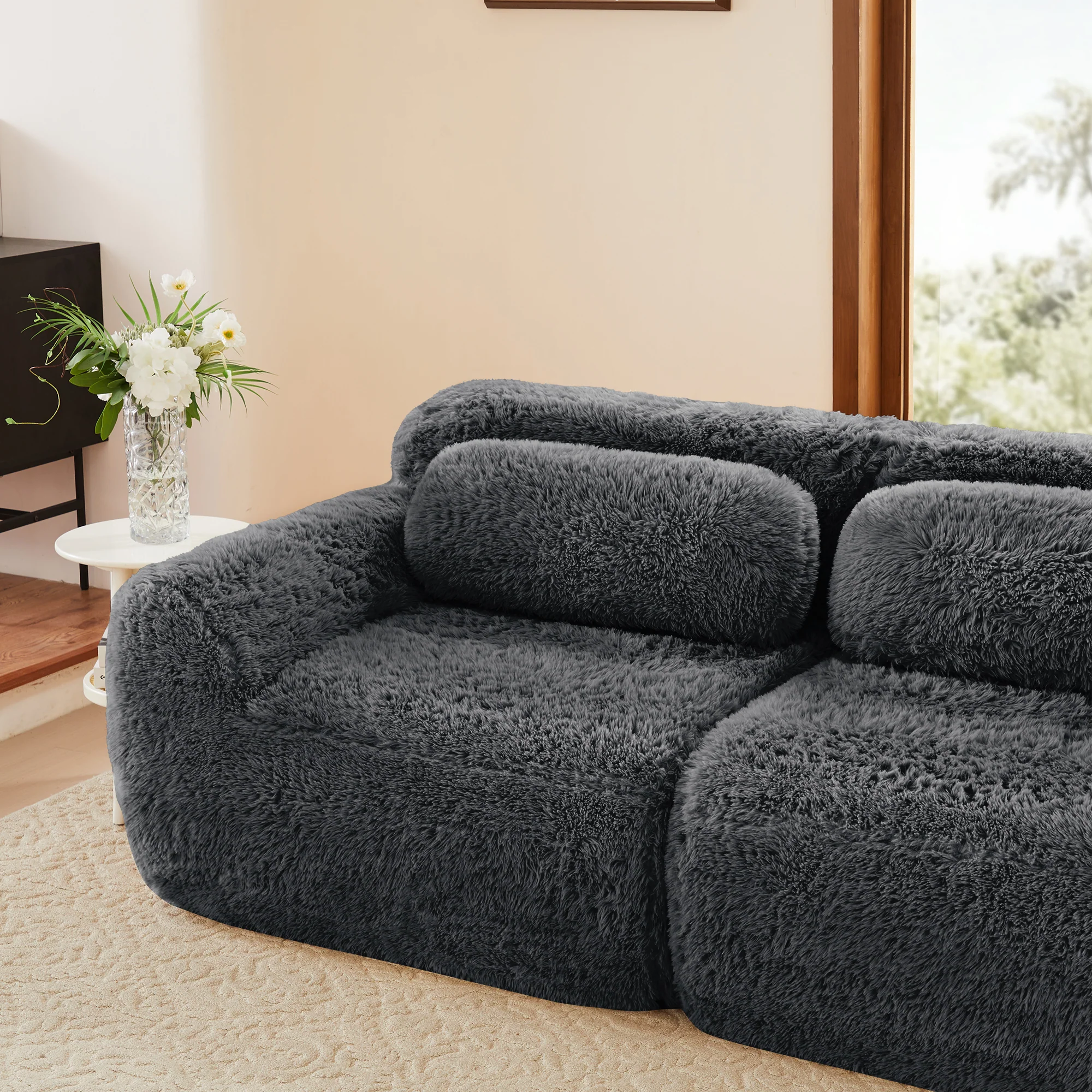 Soft Teddy Plush Ergonomic Design L-shaped Loveseat Sofa with Ottoman - Image 26