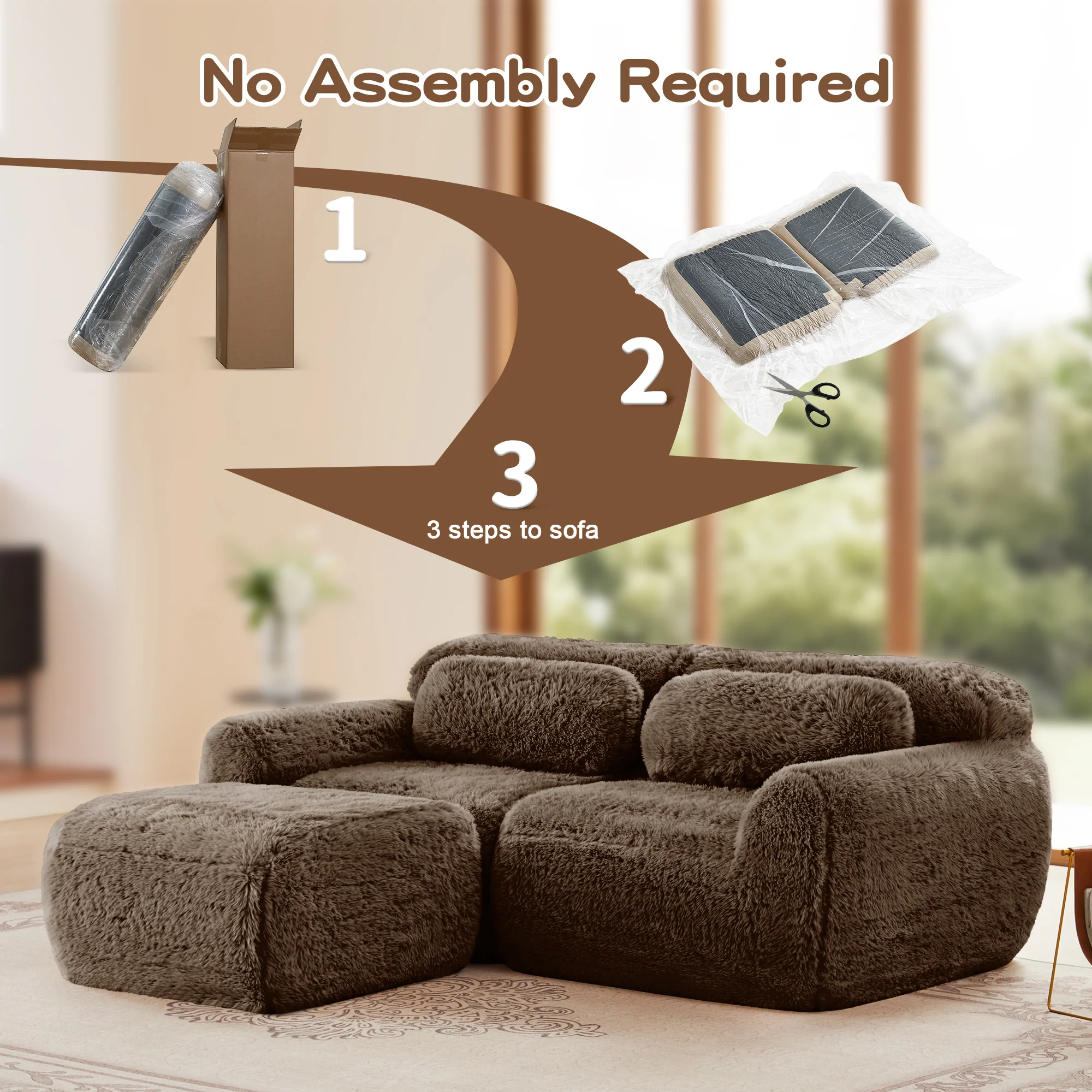 Soft Teddy Plush Ergonomic Design L-shaped Loveseat Sofa with Ottoman - Image 32