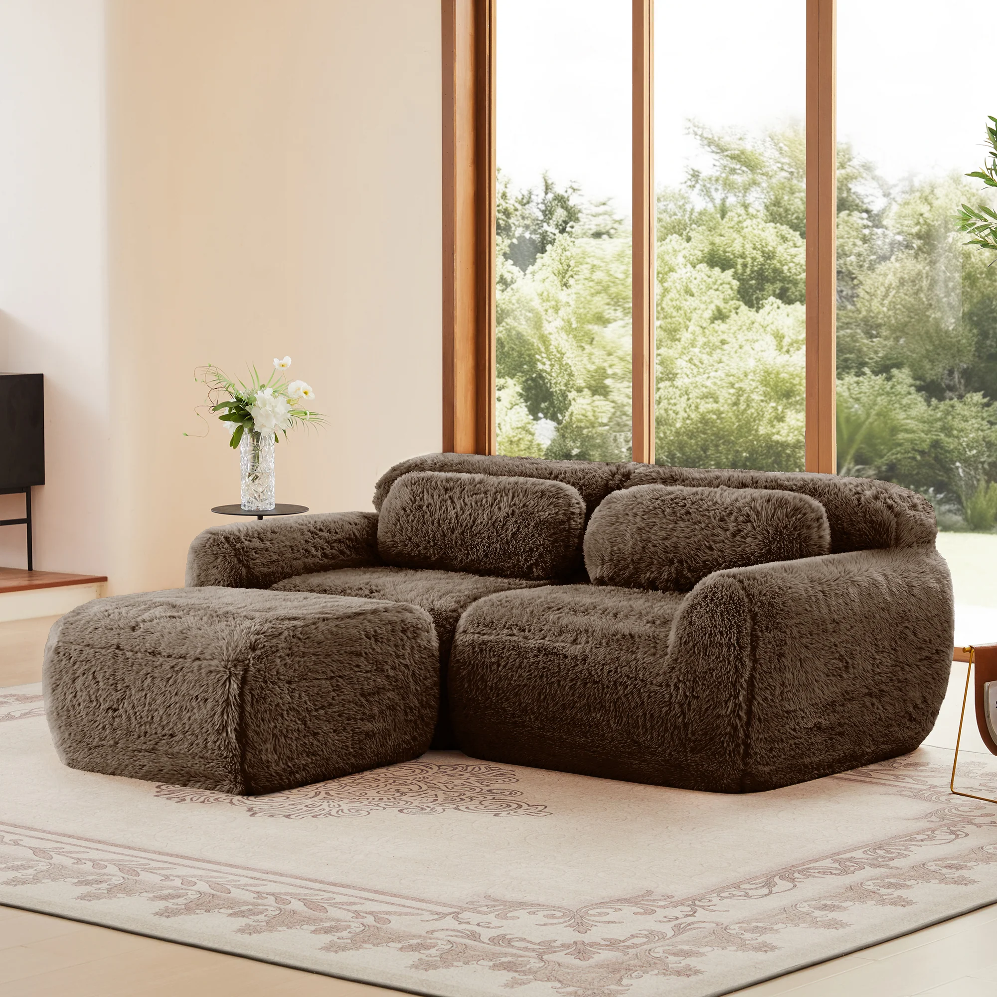 Soft Teddy Plush Ergonomic Design L-shaped Loveseat Sofa with Ottoman - Image 36
