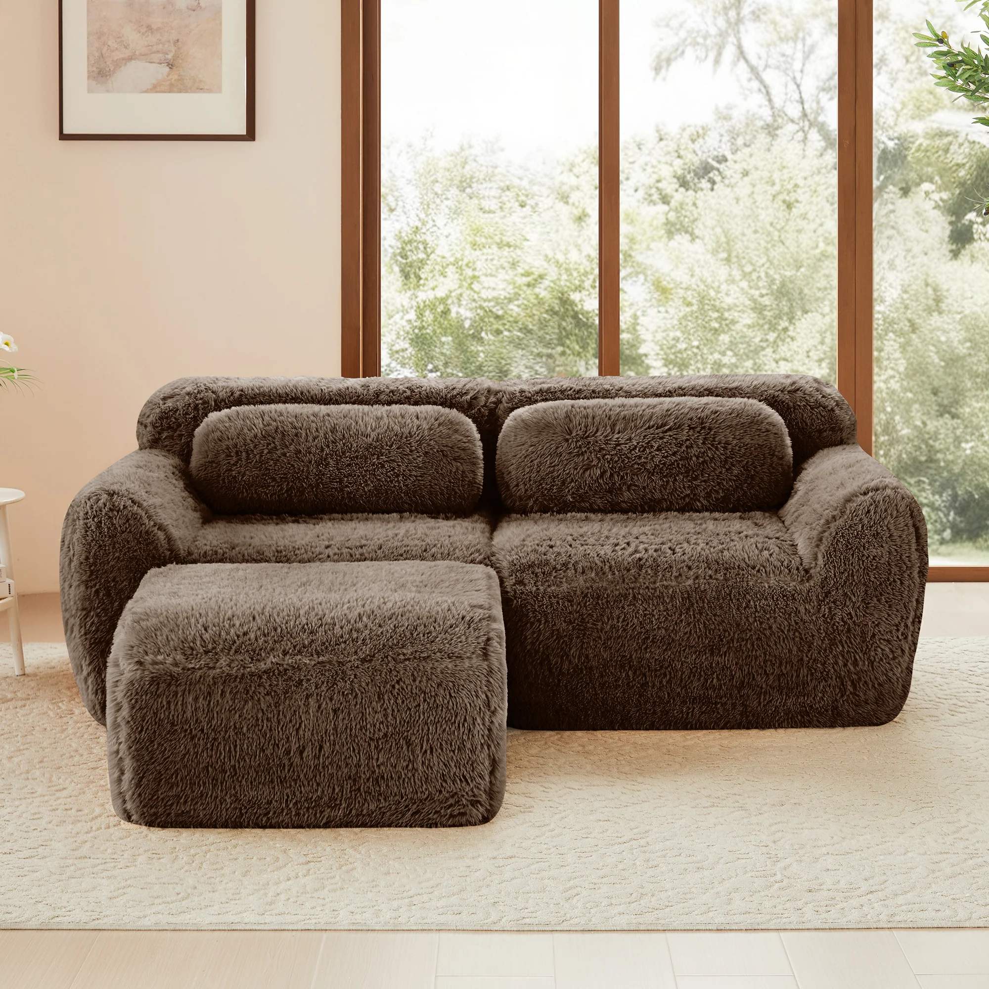 Soft Teddy Plush Ergonomic Design L-shaped Loveseat Sofa with Ottoman - Image 38