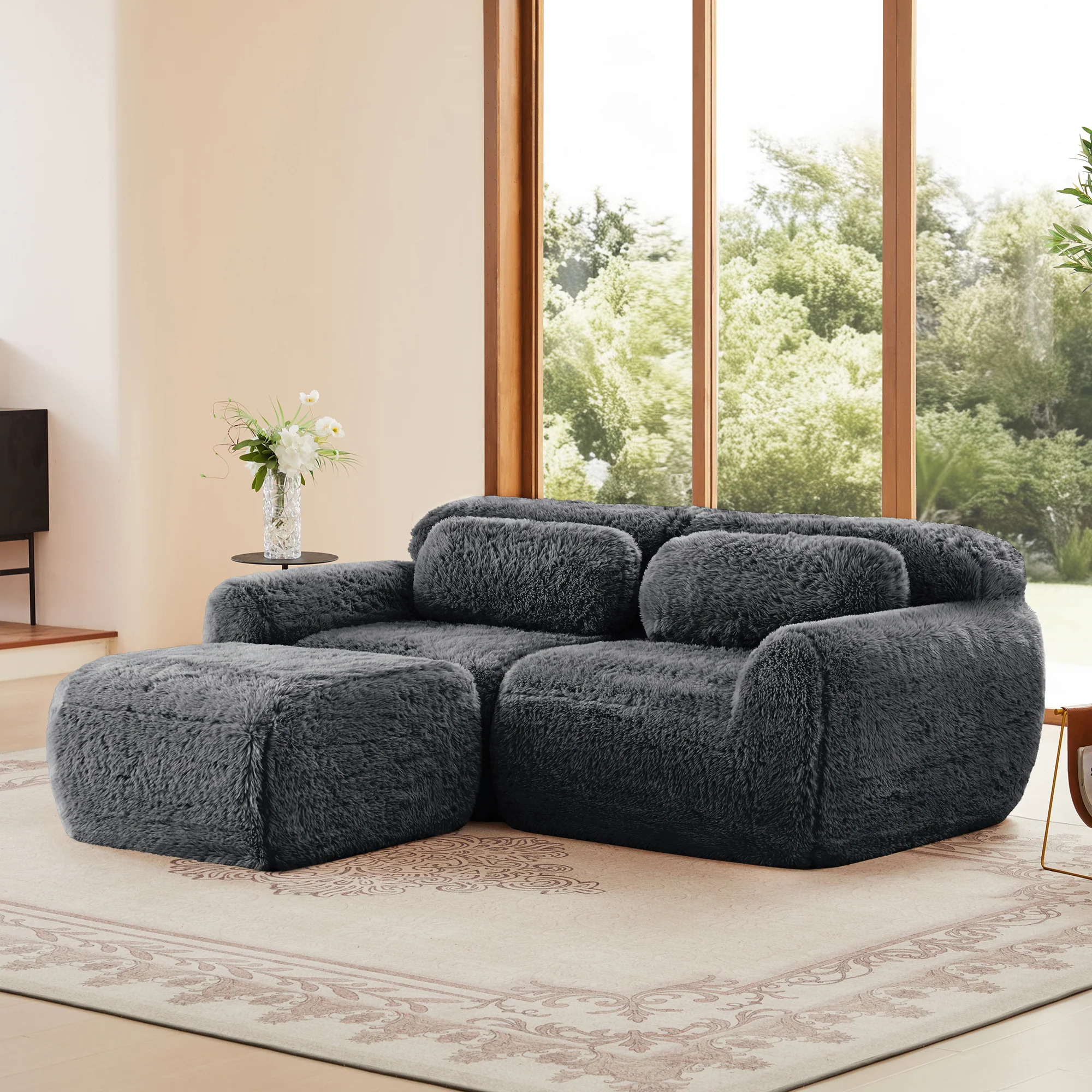 Soft Teddy Plush Ergonomic Design L-shaped Loveseat Sofa with Ottoman - Image 4