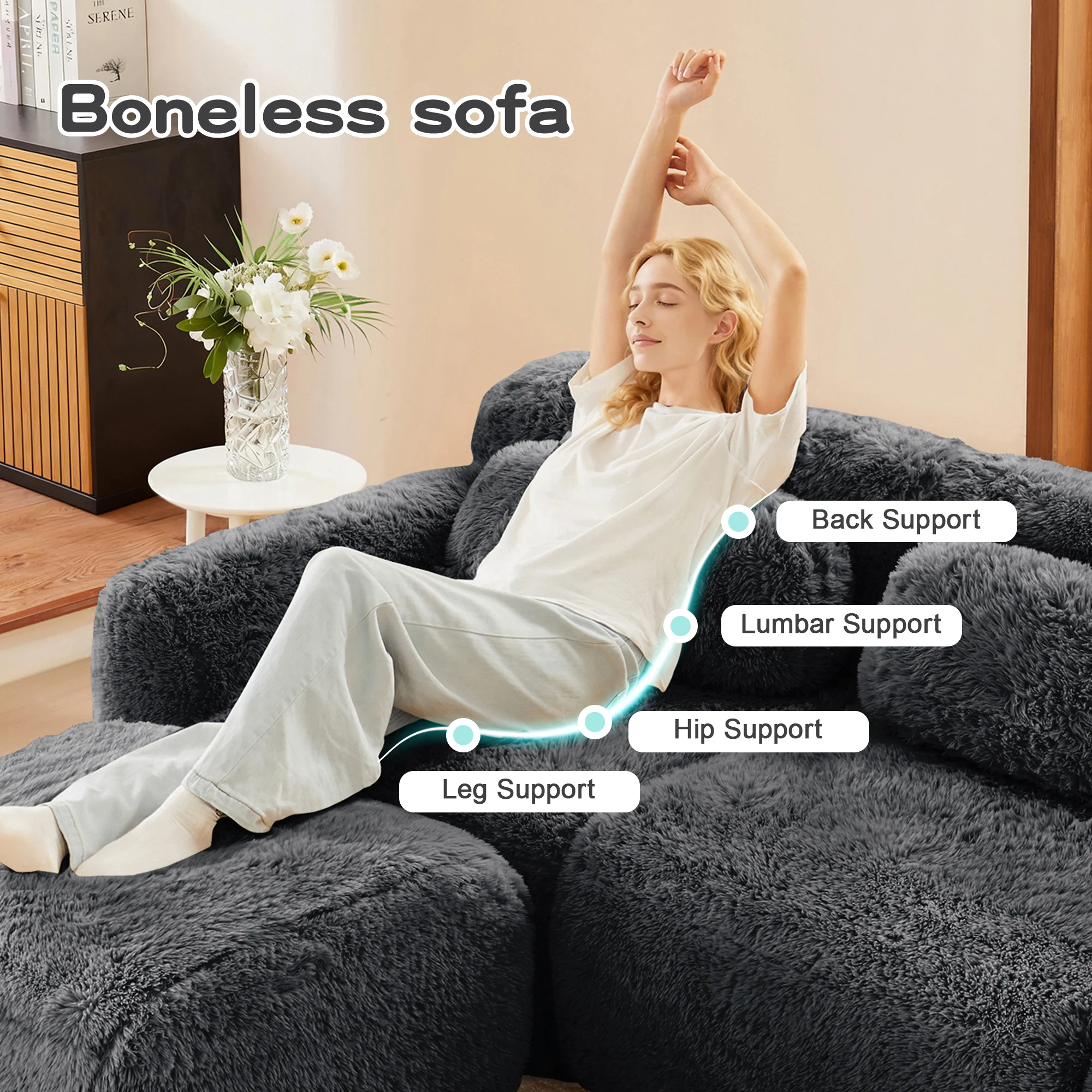 Soft Teddy Plush Ergonomic Design L-shaped Loveseat Sofa with Ottoman - Image 6
