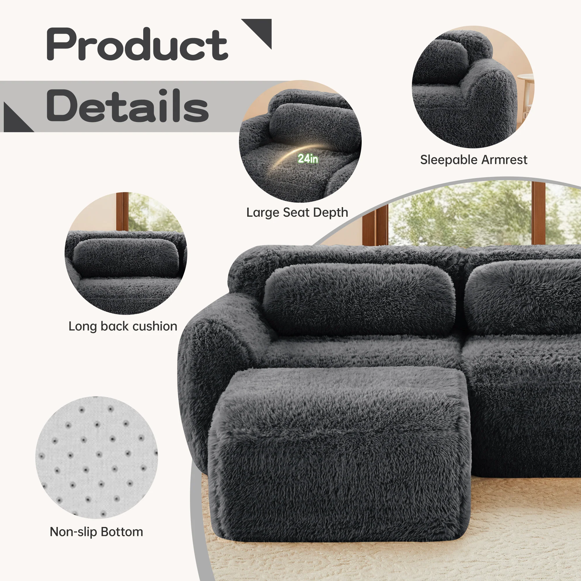 Soft Teddy Plush Ergonomic Design L-shaped Loveseat Sofa with Ottoman - Image 9