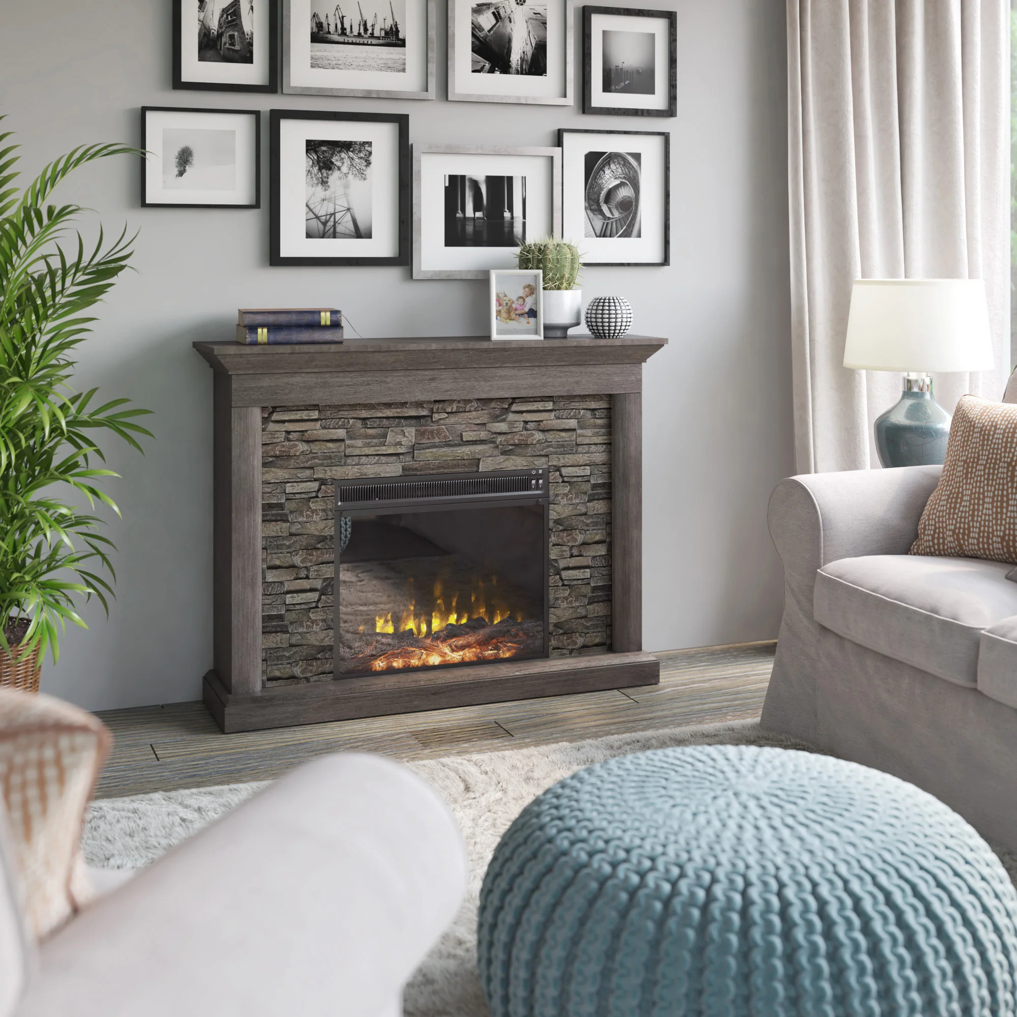 Stacked Stone Wall Mantel with Electric Fireplace - Image 2