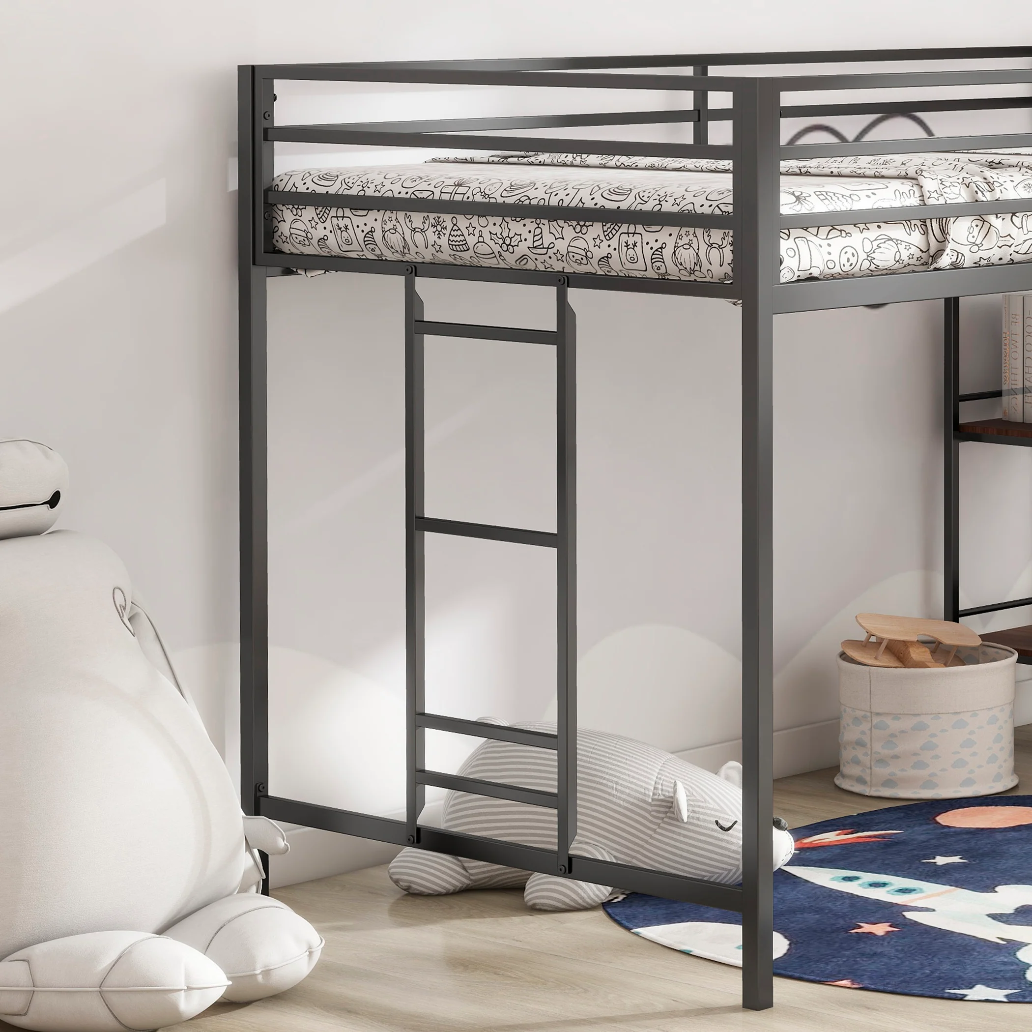 Walker Edison | Sturdy Junior Twin Loft Bunk Bed black with Wood Shelf - Image 3
