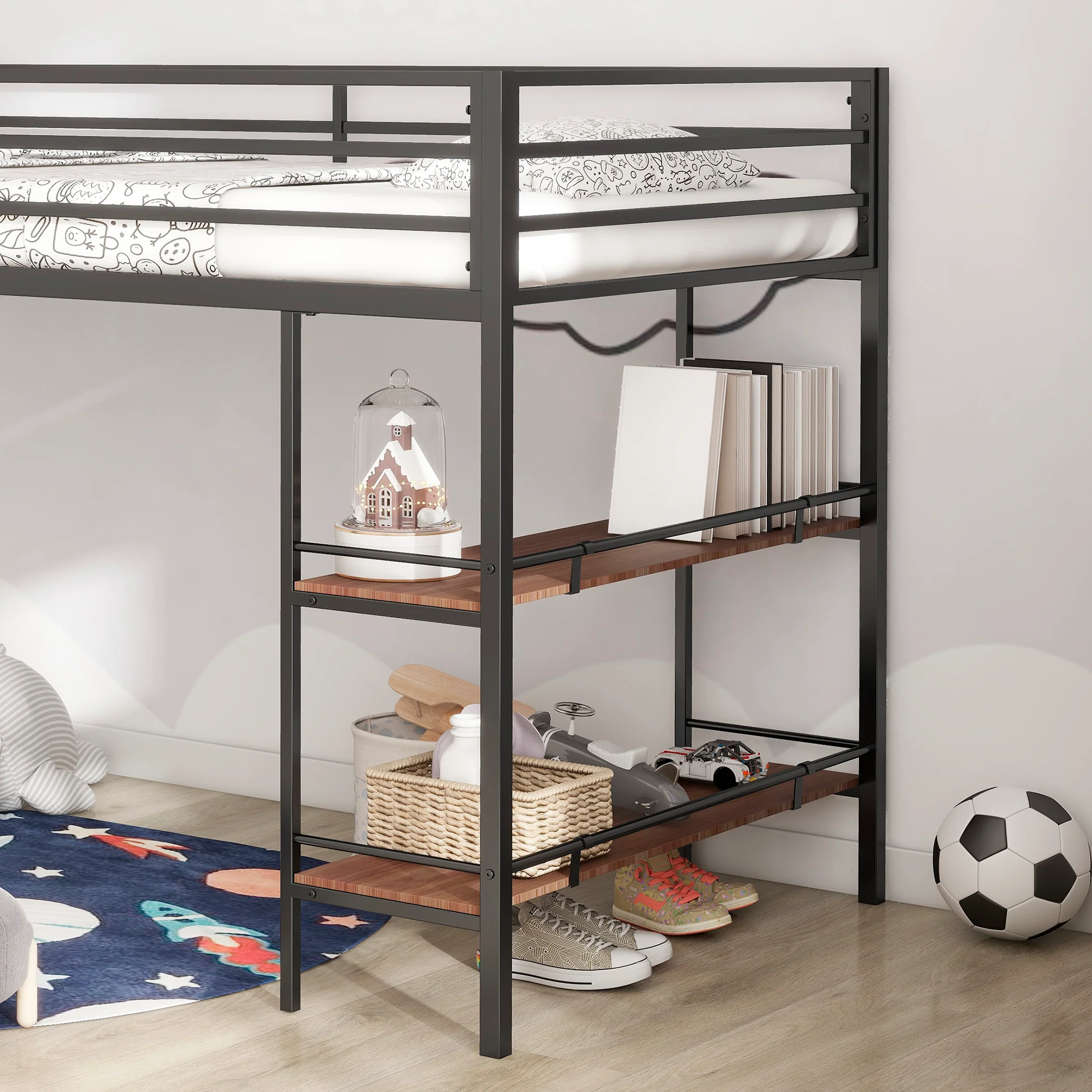 Walker Edison | Sturdy Junior Twin Loft Bunk Bed black with Wood Shelf - Image 4