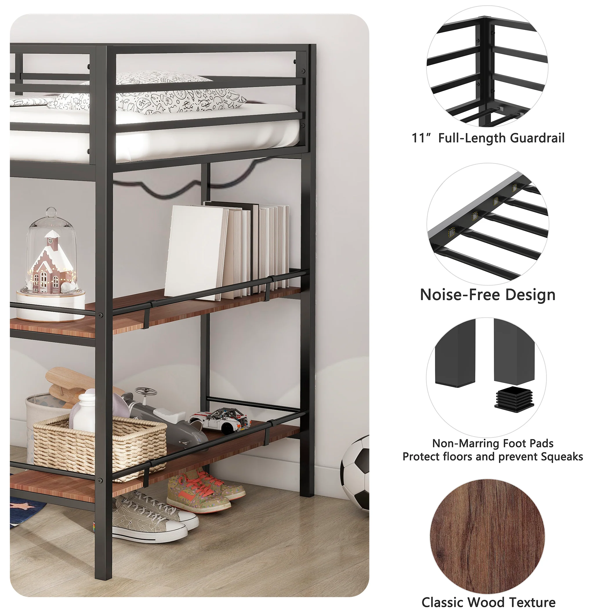 Walker Edison | Sturdy Junior Twin Loft Bunk Bed black with Wood Shelf - Image 5