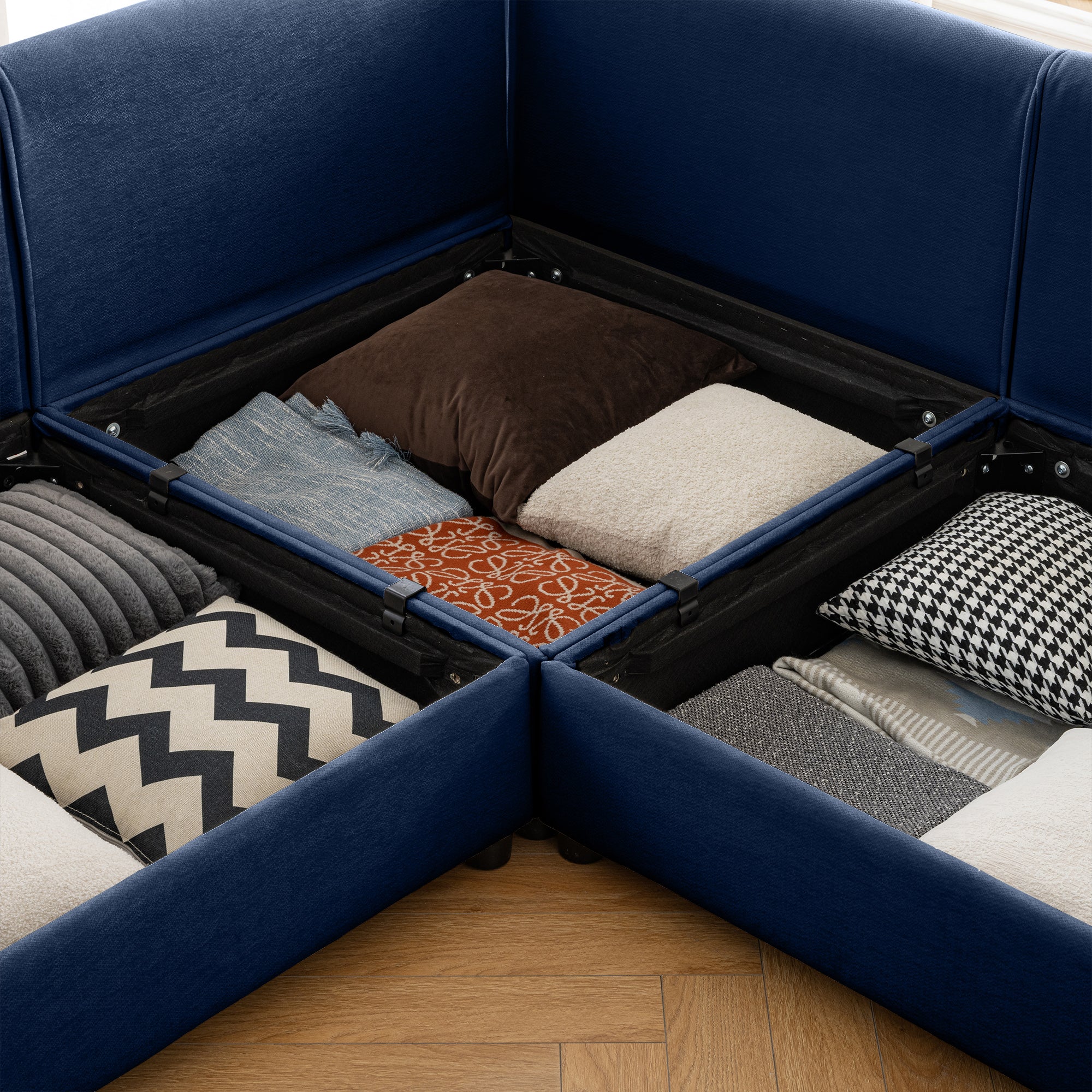 Walker Edison | Stylish Blue Chenille Loveseat Sofa with Ottoman Storage Seat - Image 10