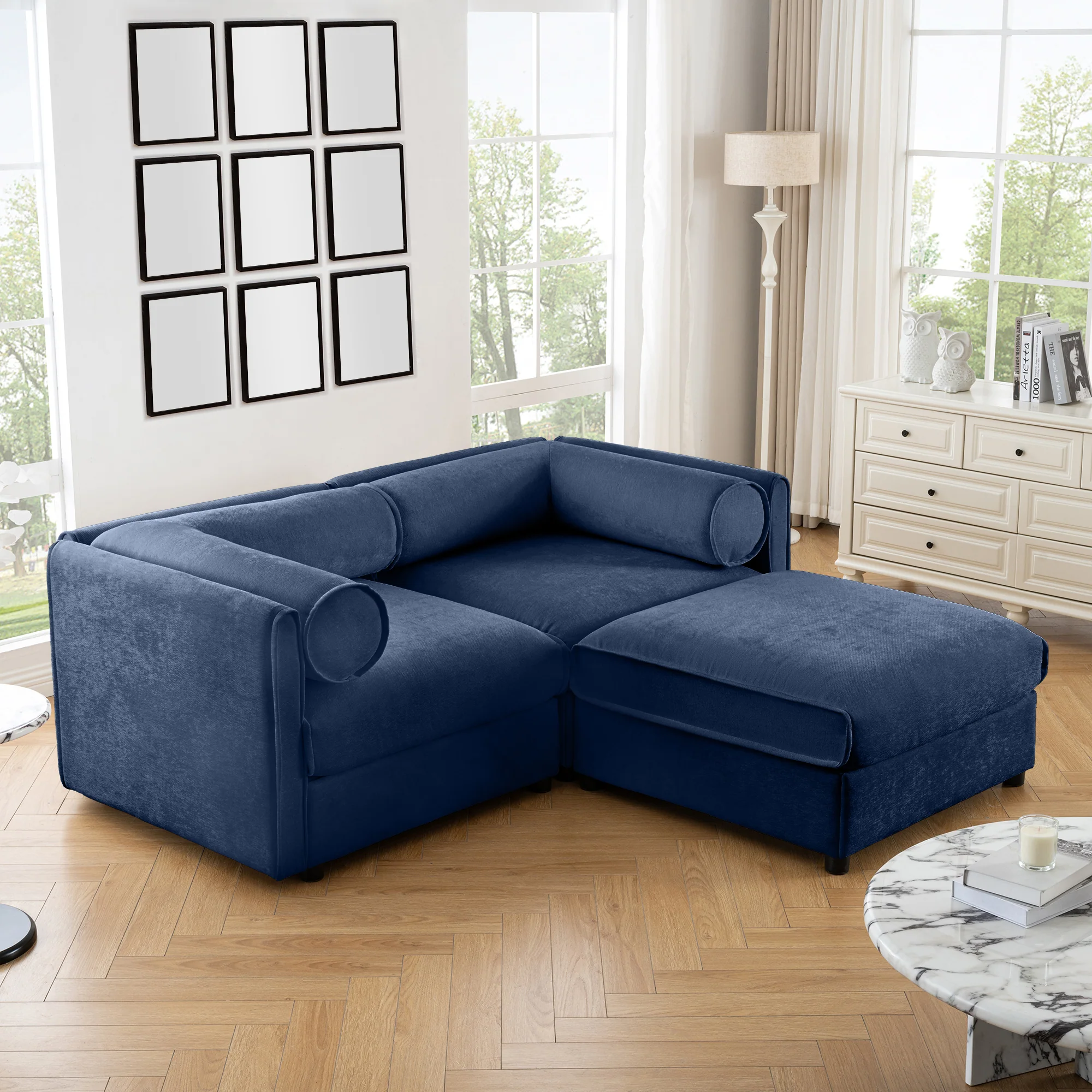 Walker Edison | Stylish Blue Chenille Loveseat Sofa with Ottoman Storage Seat - Image 2