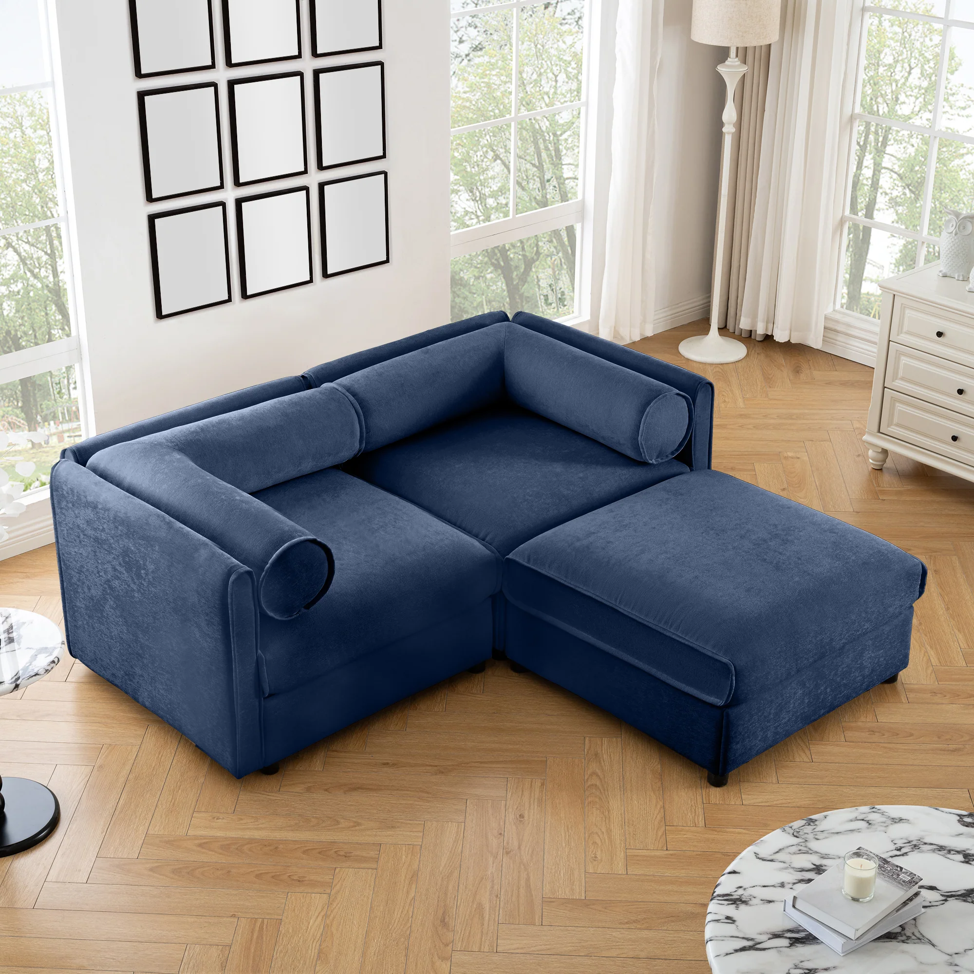 Walker Edison | Stylish Blue Chenille Loveseat Sofa with Ottoman Storage Seat - Image 5