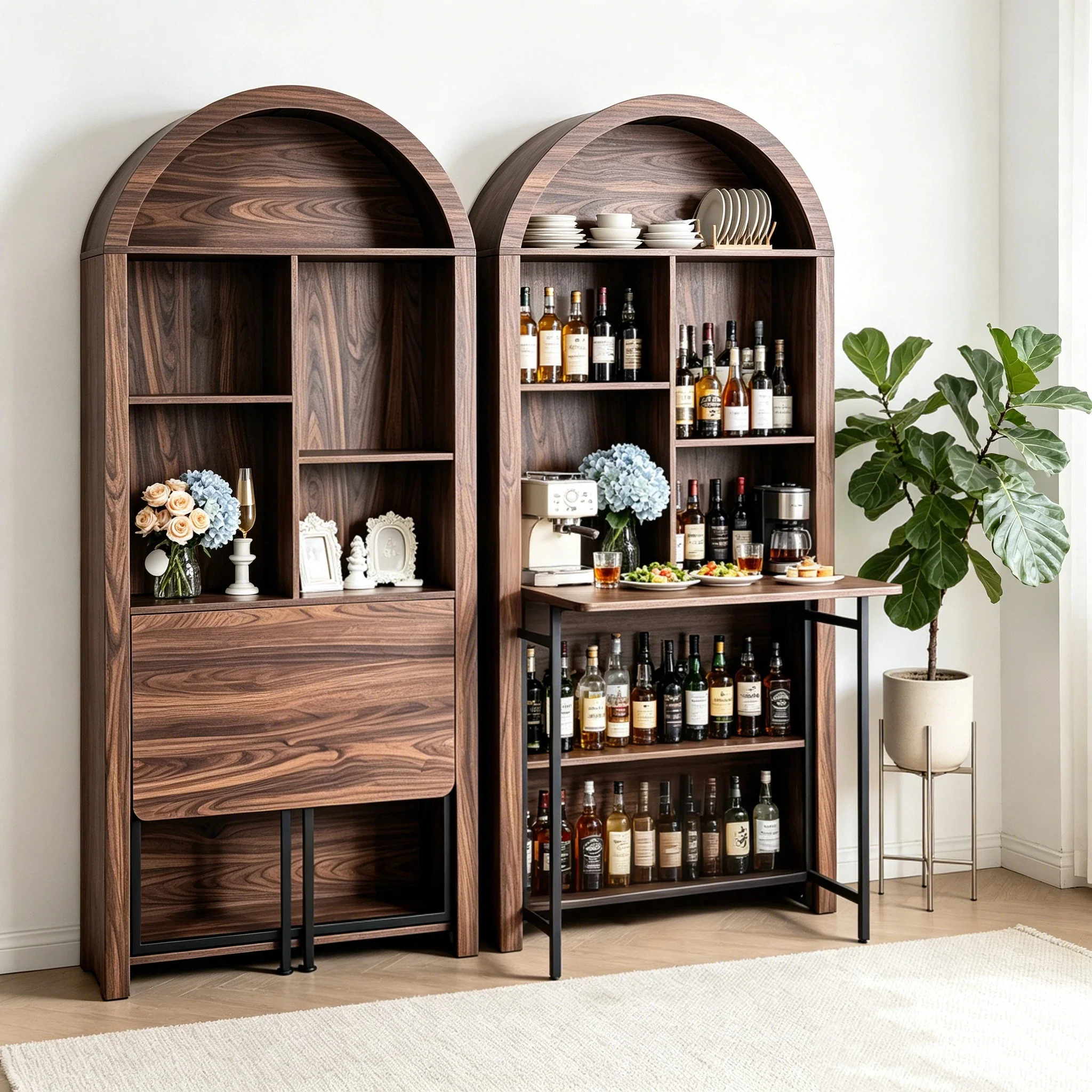 Tall Arched Bookshelf with Convertible Hideaway Desk and Storage - Image 10