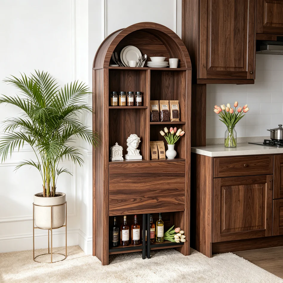 Tall Arched Bookshelf with Convertible Hideaway Desk and Storage - Image 11