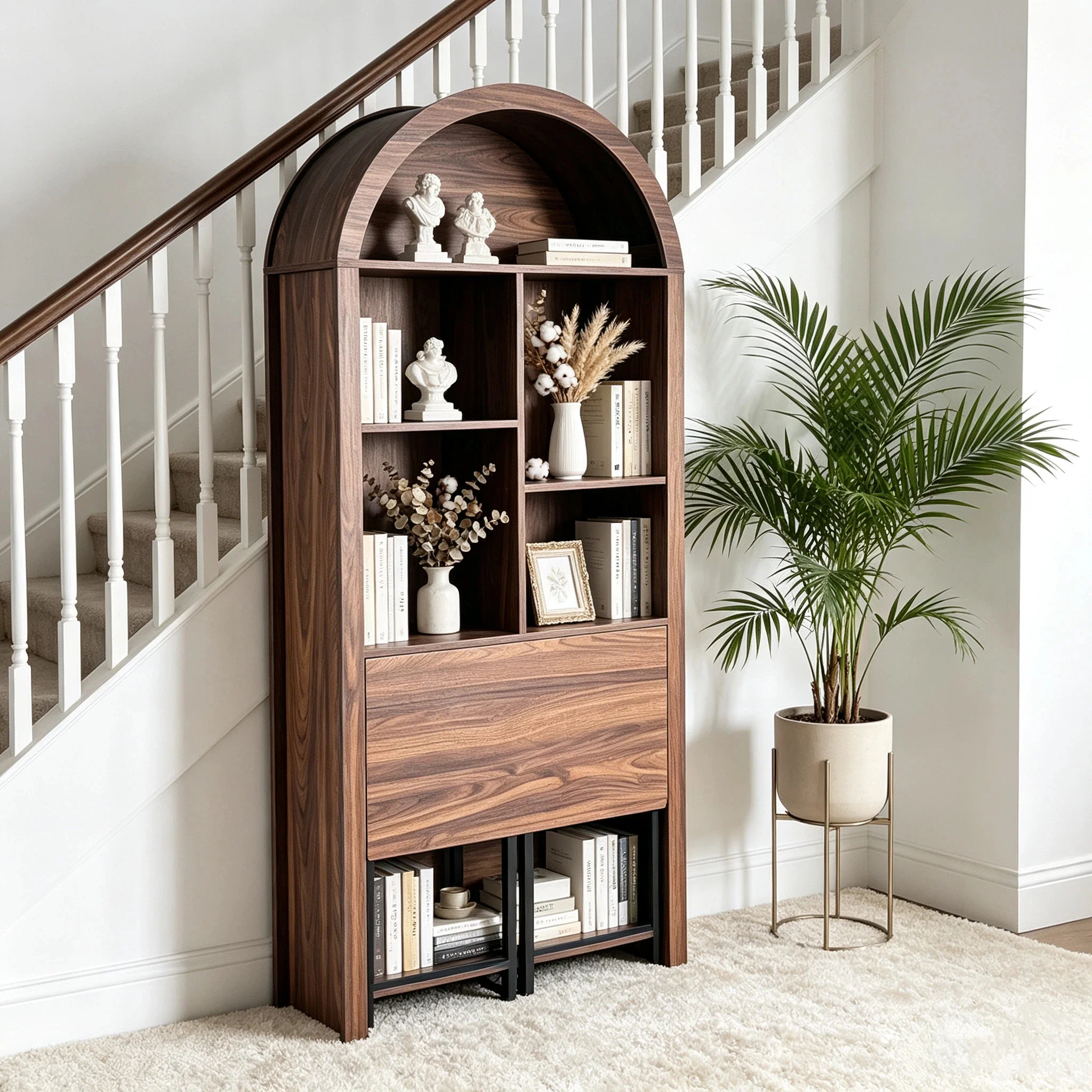 Tall Arched Bookshelf with Convertible Hideaway Desk and Storage - Image 12