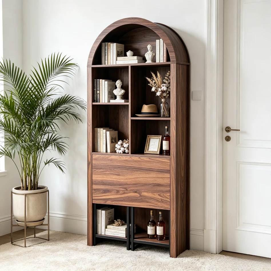 Tall Arched Bookshelf with Convertible Hideaway Desk and Storage - Image 14