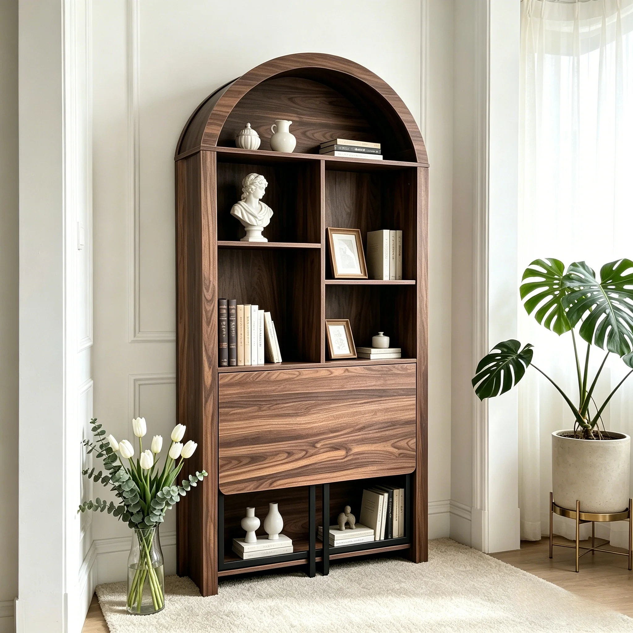 Tall Arched Bookshelf with Convertible Hideaway Desk and Storage - Image 15