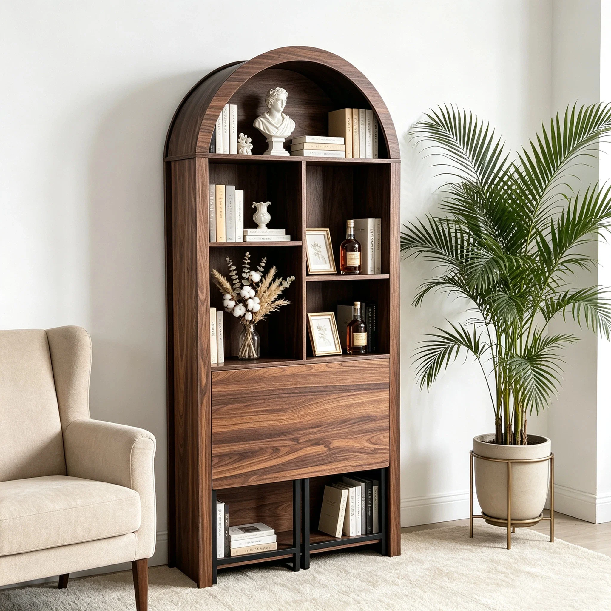 Tall Arched Bookshelf with Convertible Hideaway Desk and Storage - Image 16