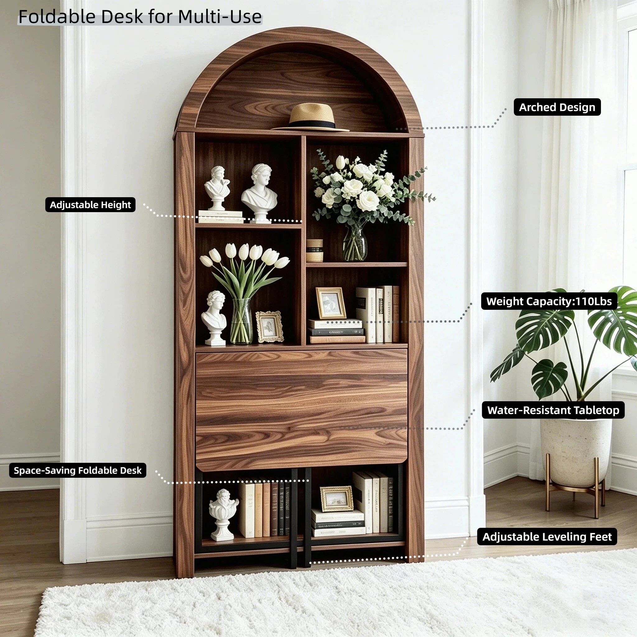 Tall Arched Bookshelf with Convertible Hideaway Desk and Storage - Image 17