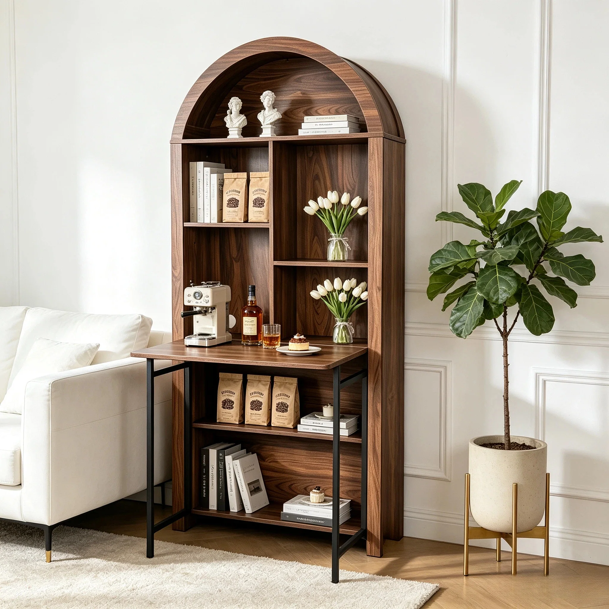 Tall Arched Bookshelf with Convertible Hideaway Desk and Storage - Image 18