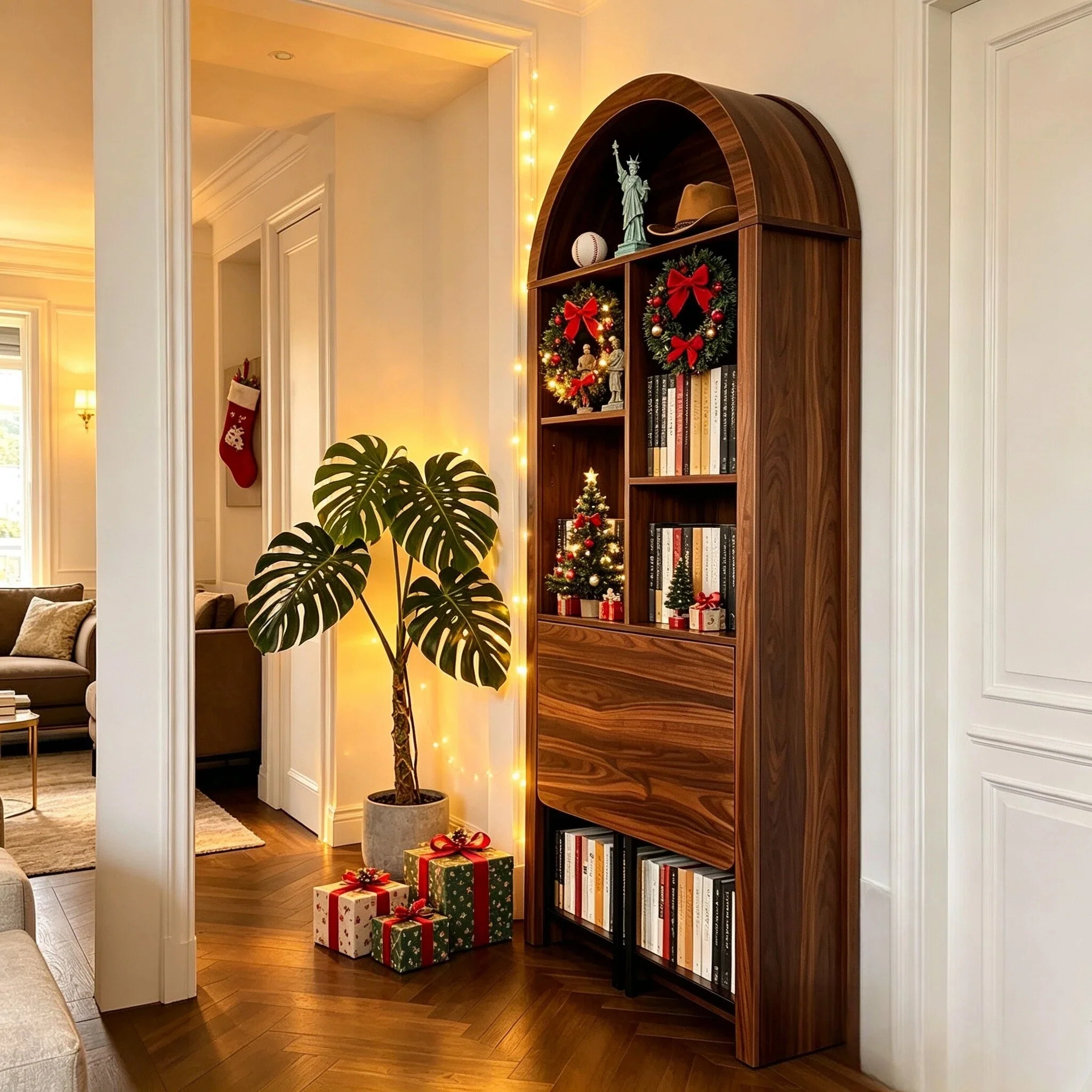 Tall Arched Bookshelf with Convertible Hideaway Desk and Storage - Image 19